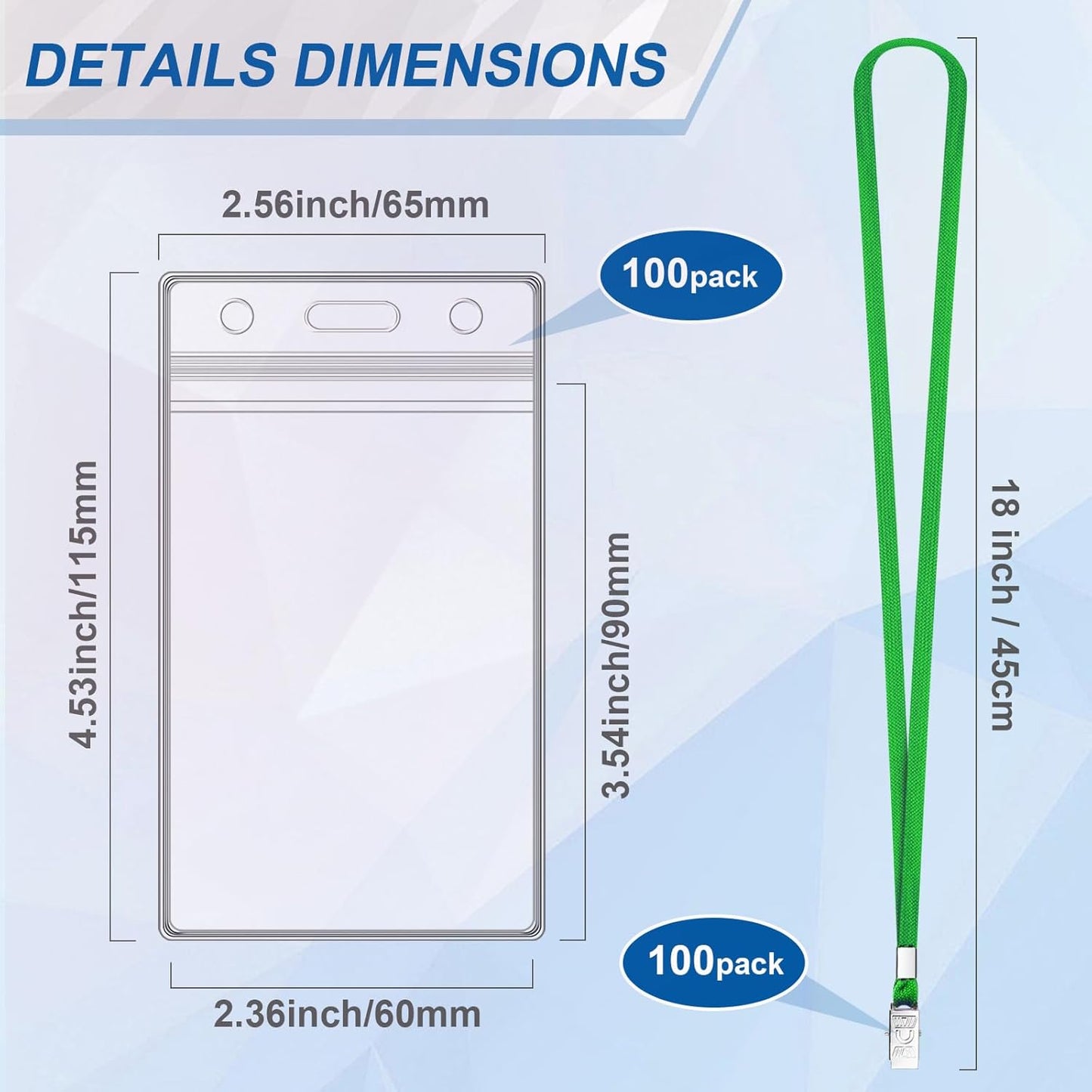 100 Sets Lanyards for Id Badges and Clear Plastic Vertical Name Badge ID Card Holders, Flat Neck Lanyards with Clip Waterproof Resealable Name Tag Badge ID Card Holders, Green