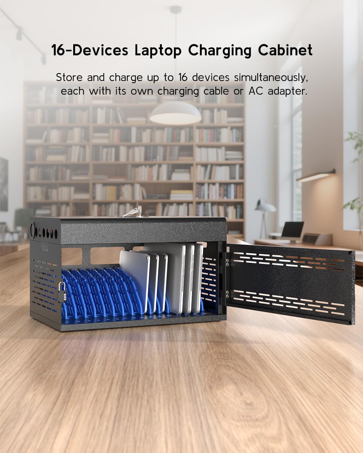 16-Device Charging Station for Chromebooks & Tablets - Laptops Storage and Charging Station with Lockable & Removable Door, Cable Management, and Charger Organization