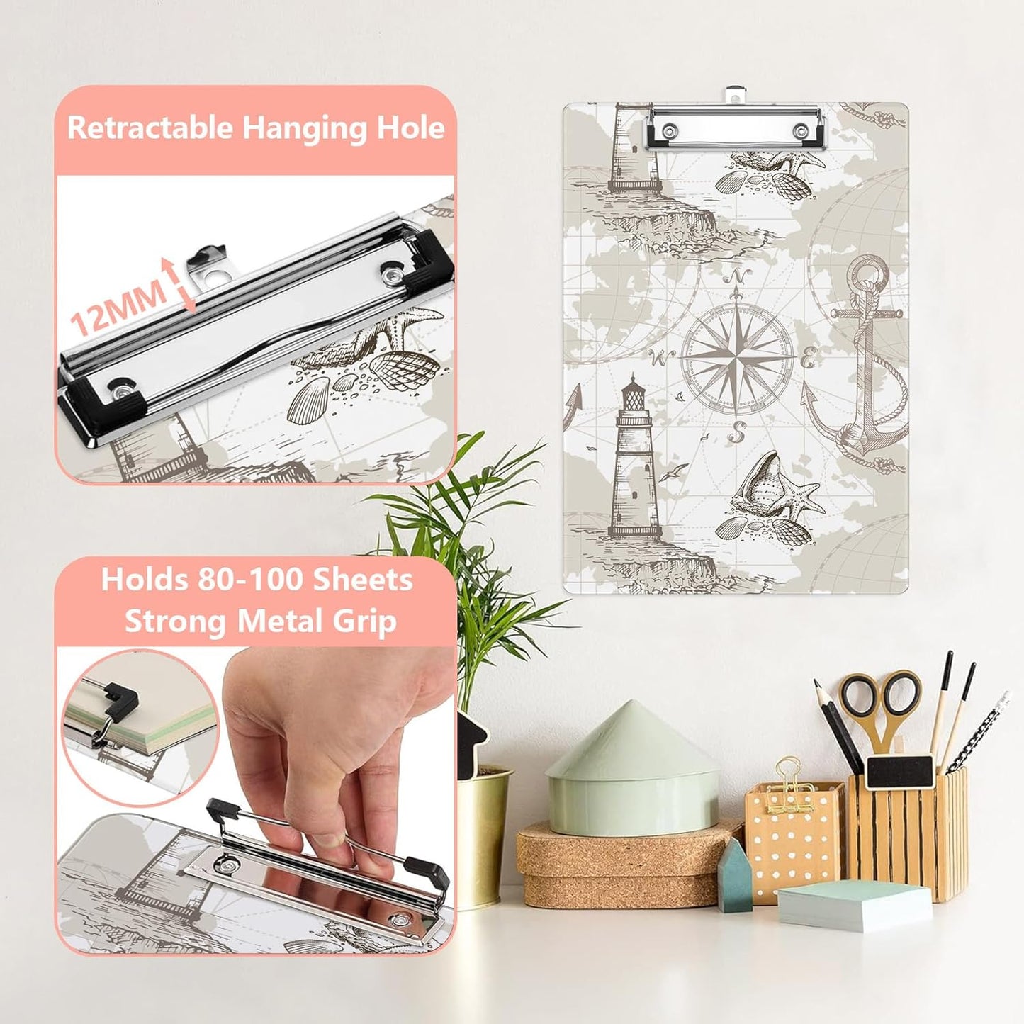 Compass Lighthouse Plastic Clipboards,Cute Fashion Clipboard Decorative 8.5" x 12.5"Standard A4 Size Clipboards,Acrylic Clipboard for Teacher,Social Worker,Students,Nurse,Office Supplies