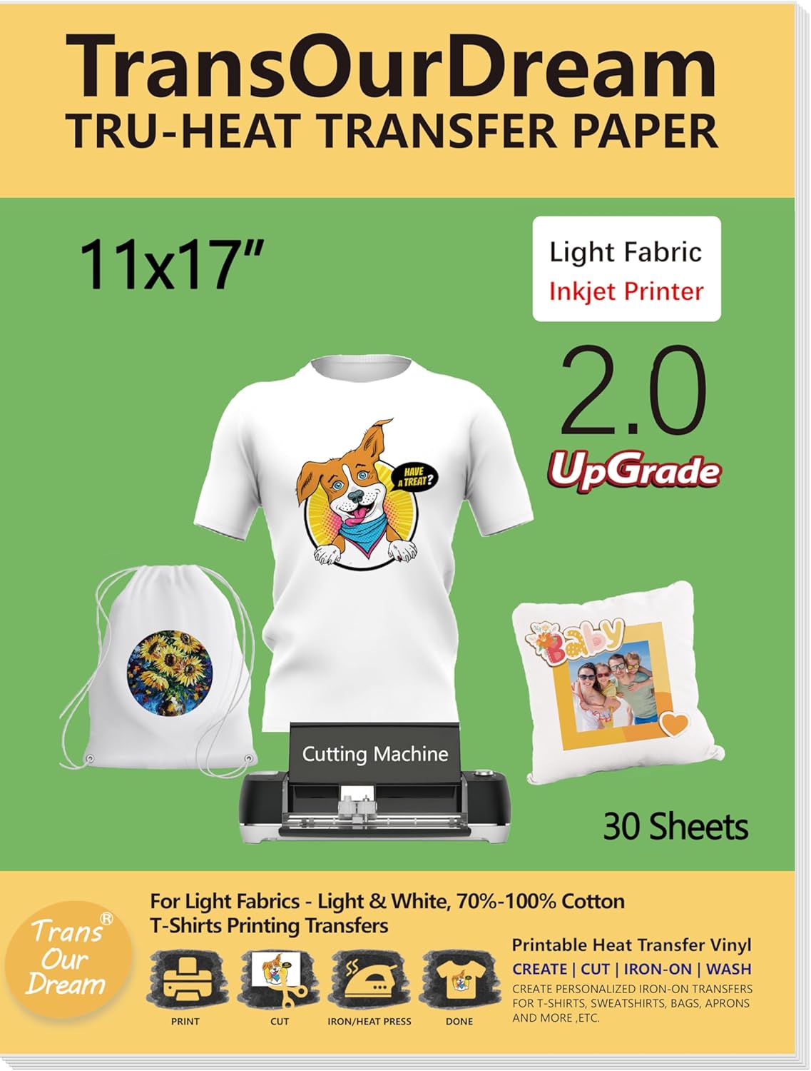 TransOurDream Iron on Heat Transfer Paper for Light T Shirts (30 Sheets, 11x17", Light 2.0) Printable HTV Heat Transfer Vinyl for Inkjet Printers Iron on Transfers for White Cotton Fabrics