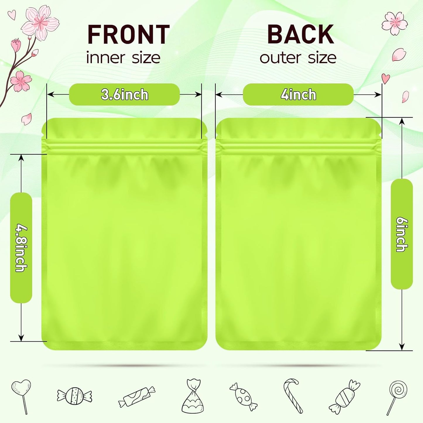 Funfery 100 Pack Green Mylar Packaging Bags Resealable Bags Double Sided Color Odor Proof Pouch Baggies Smell Proof Foil Bag for Food Storage,Small Business(Green,4x6inch)