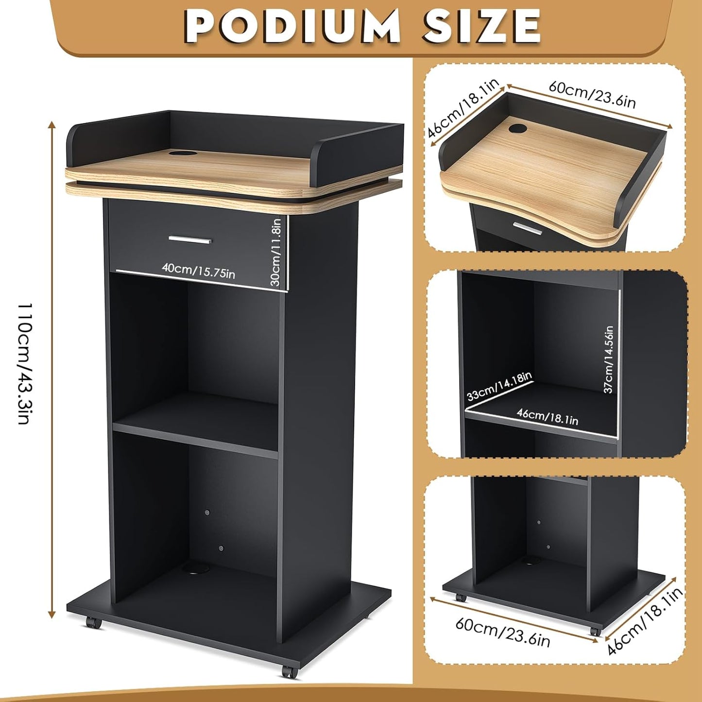 43" Wood Podium Stand with 3 Levels of Storage, Portable Lectern with Wheels, Floor Standing Customer Reception Podiums Mic Stand Desk for Churches, Office, School,Conference, Auditorium