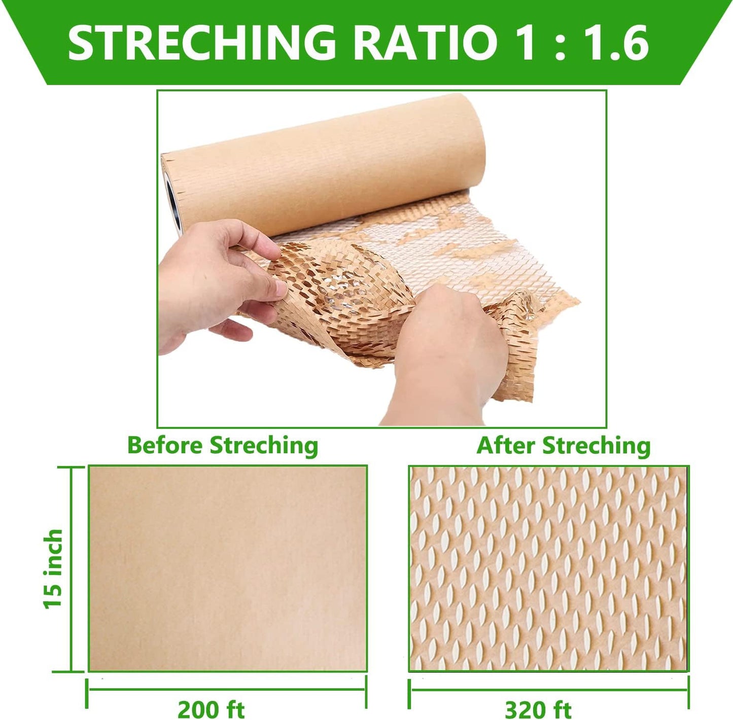 Honeycomb Packing Paper,15" x 200' Bubble Cushioning Wrap Roll for Moving Shipping Packaging Gifts, Recyclable Cushioning Paper Moving Packing Supplies Protective Roll with 20 Fragile Sticker Labels