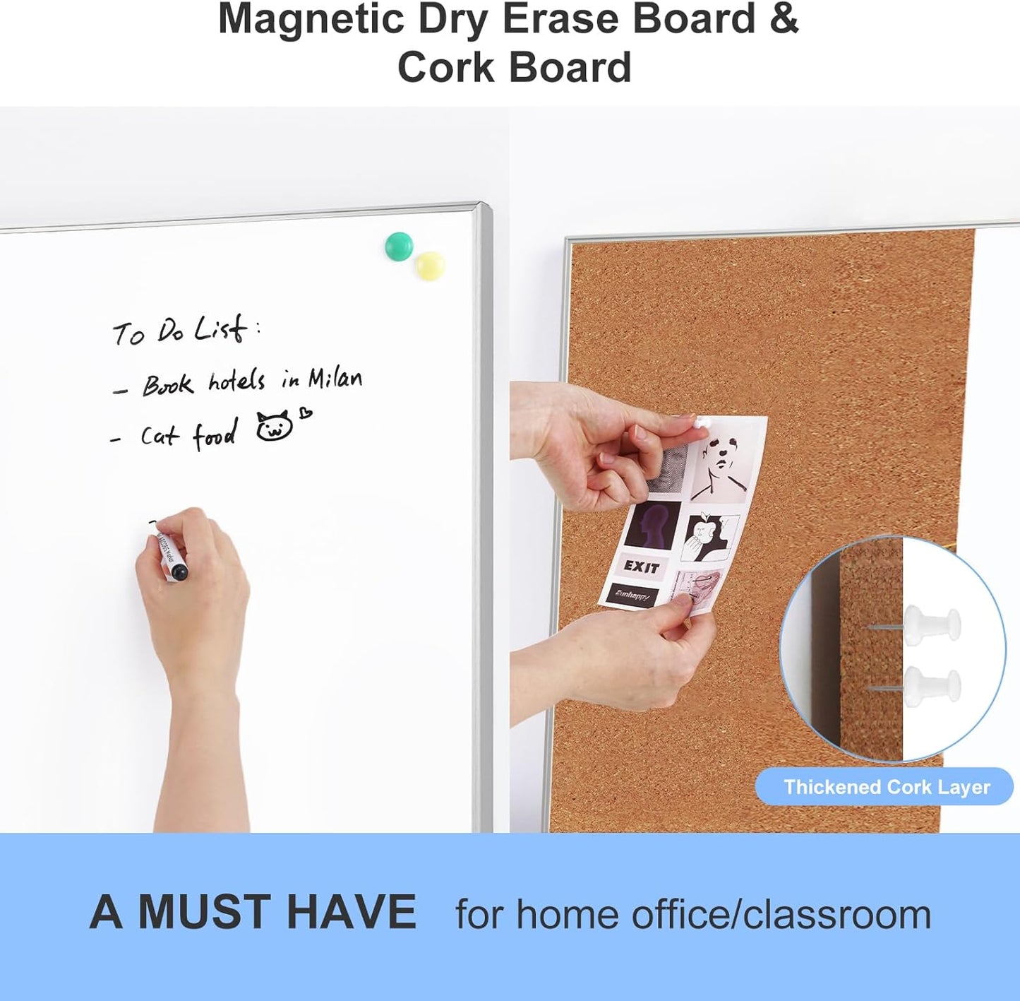 ARCOBIS Cork Board White Board Combo, 24 x 18 Inch Bulletin Board, Magnetic Dry Erase Board & Corkboard for Wall, Vision Board for Home, Office, School, Silver Frame