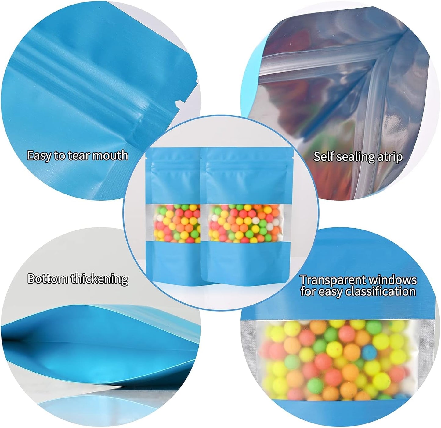 100 Pieces Smell Proof Mylar Bags, Resealable Food Storage Bags with Clear Window, Foil Pouch Stand-up for Food Self Sealing Storage Supplies (Blue, 5.3 x 7.8 Inch)