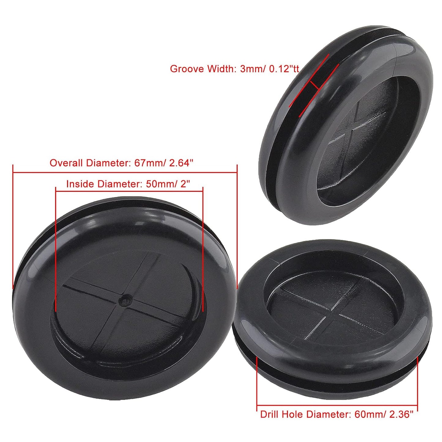 6 Pack 2" Inside Diameter 2-3/8" Drill Hole Rubber Grommet, Firewall Plug Grommet Rubber Grommets Wire Protection, Double Sided Round