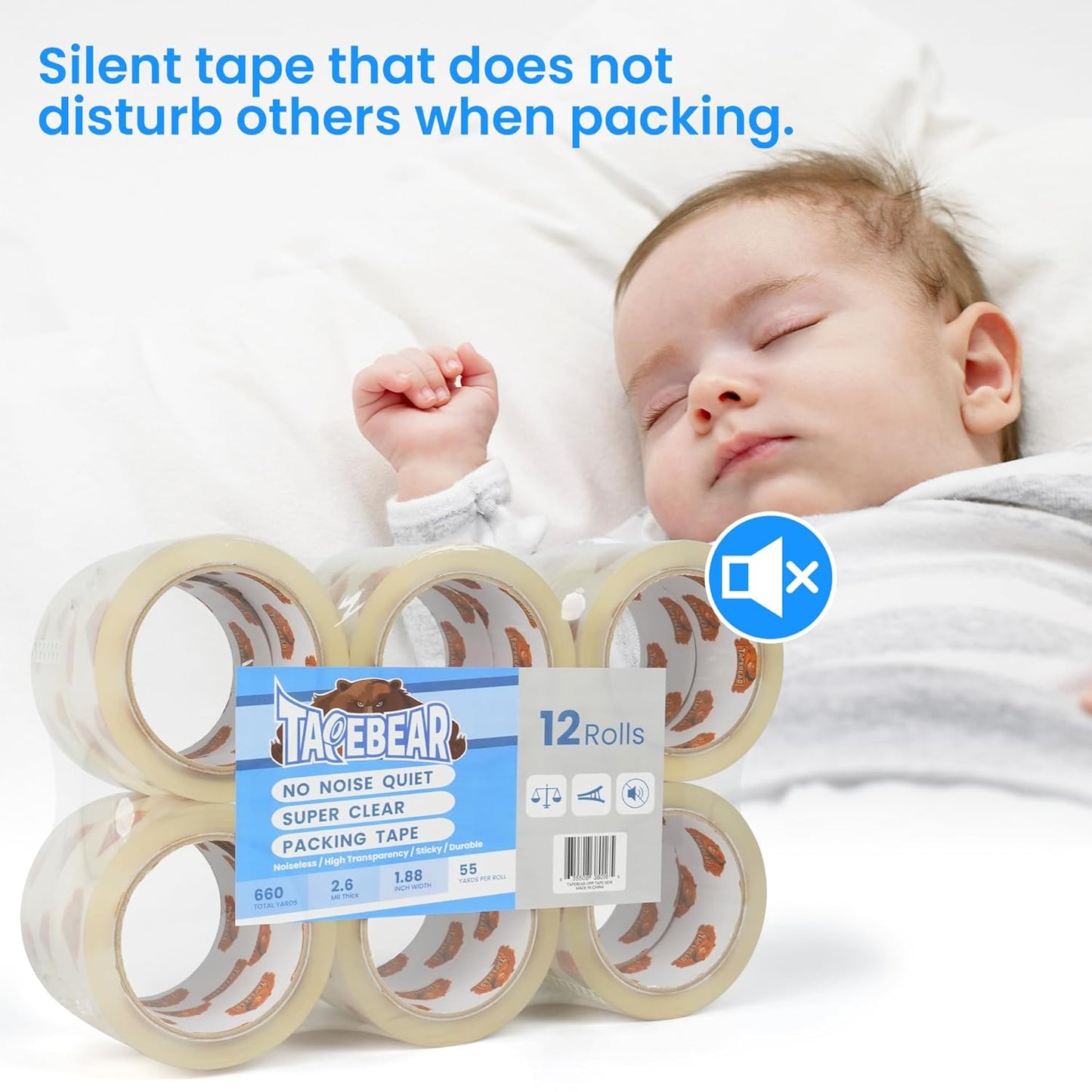 No Noise Packing Tape, Upgraded High Transparency 2.6mil x 1.88" x 55 Yards Quiet Packaging Tape Refill Rolls, Heavy Duty Shipping Tape for Sealing, Storage, Moving, 12 Rolls, Total 660Yards