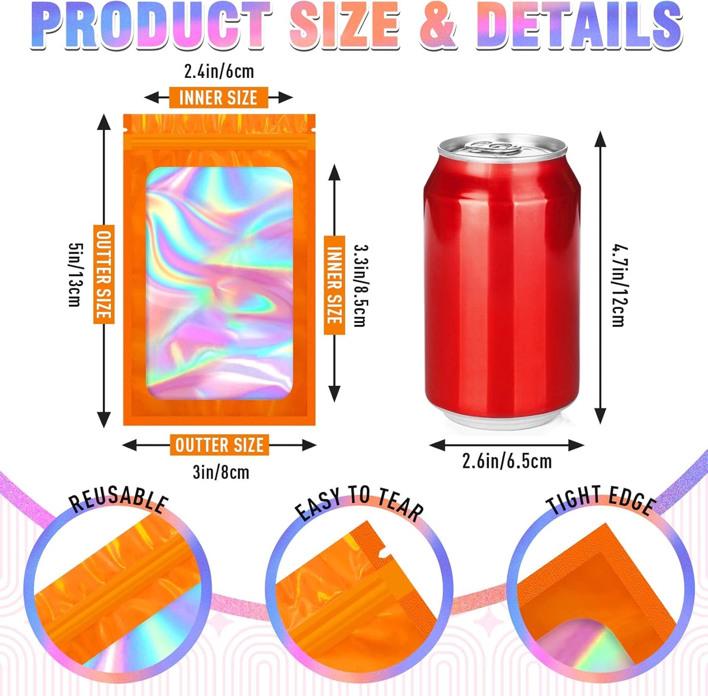 Smell Proof Bag, 100 PCS Mylar Bags, Holographic Bags, Packaging Bag (3x5 Inch)