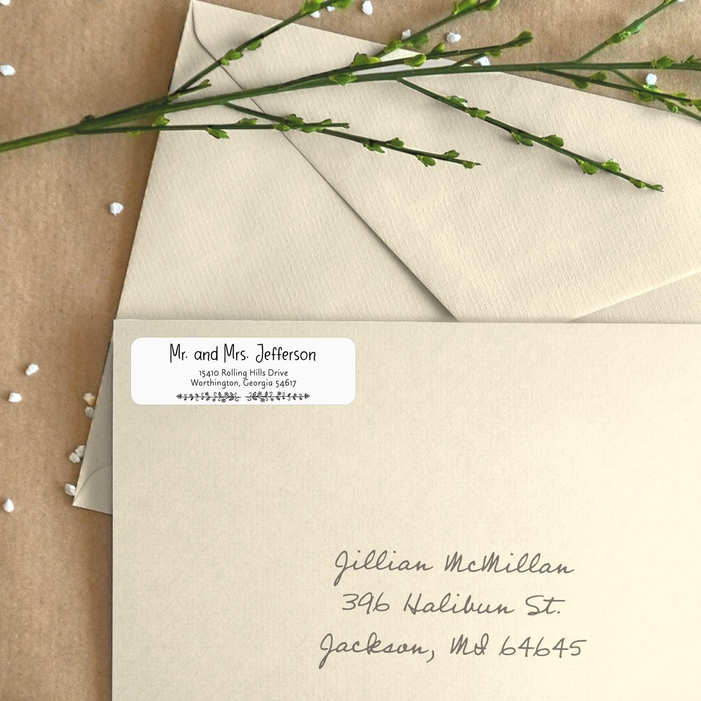 Black and White Botanical Rolled Address Labels / 250 Personalized Return Address Labels/Designer Address Stickers in Elegant Plastic Dispenser