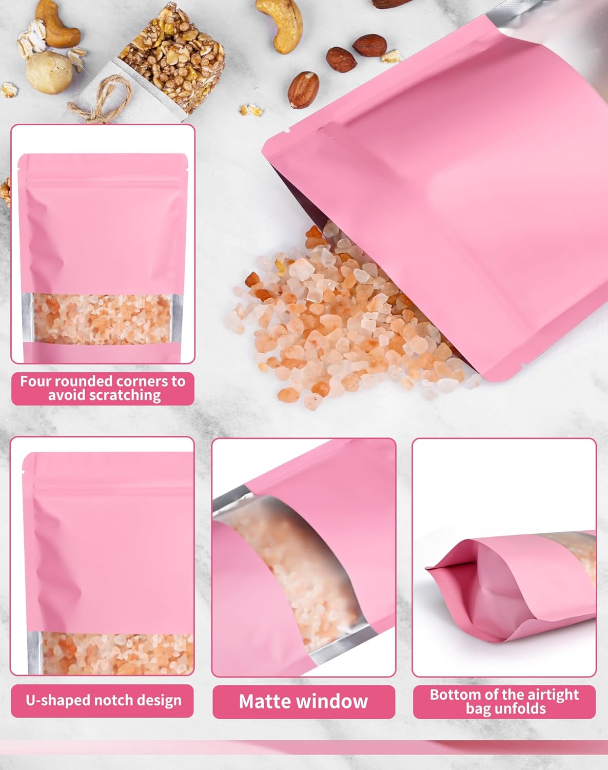 FireKylin 100 Pack Smell Proof Bags 6.3" x 9.4", Resealable Bags with Matte Window, Foil Pouch Stand Up Sealable Bags for Packaging（Pink）