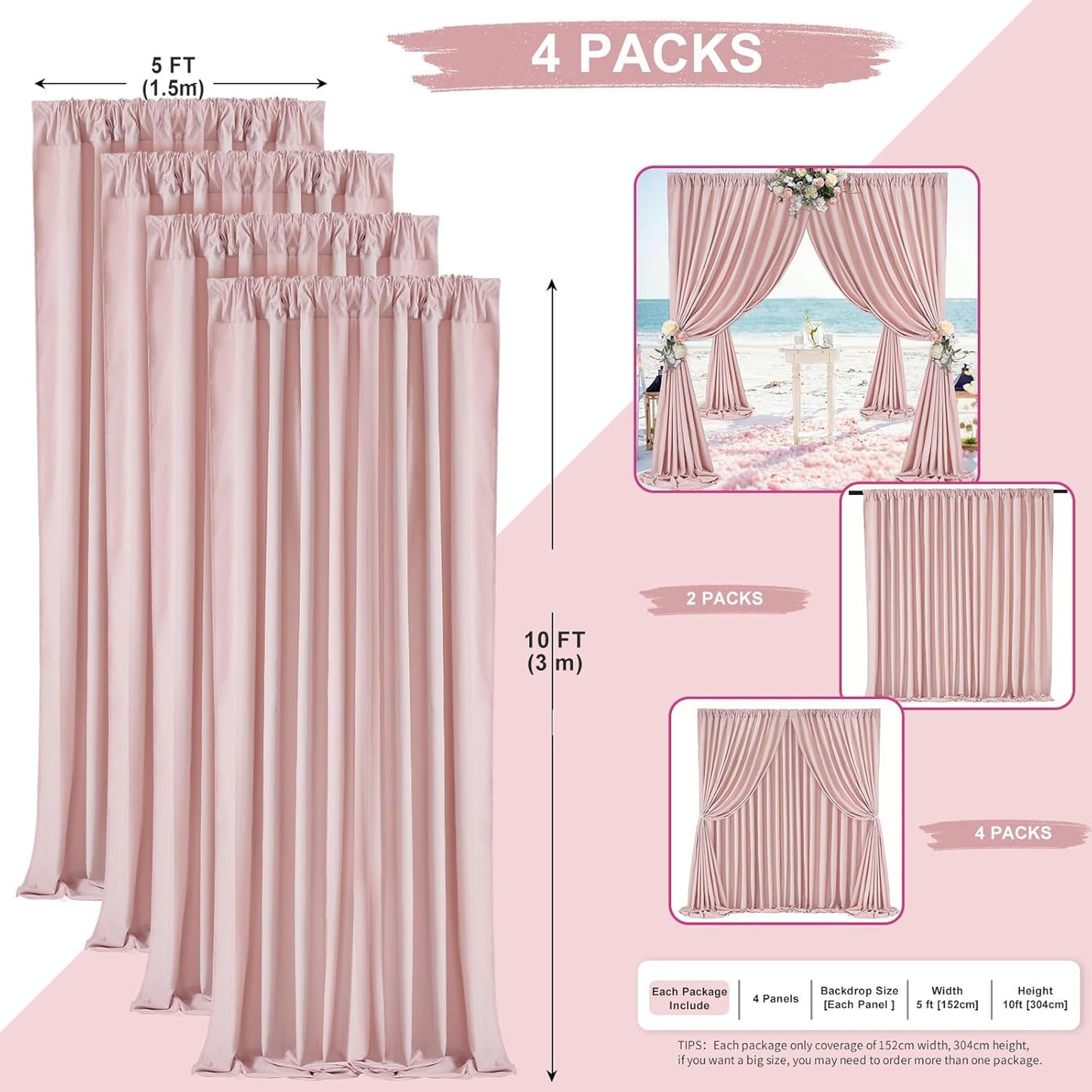 Dusty Rose Polyester Backdrop Curtains: 20 ft x 10 ft Photography Backdrop Drapes - Baby Shower Birthday Party Decorations 4 Panels 5ft x 10ft