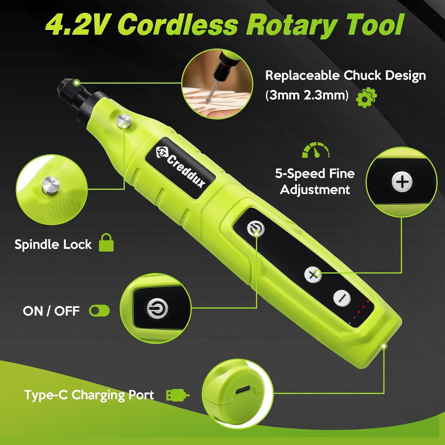 Cordless Rotary Tool,5 Speed Rotary Tool Kit With 71 Accessories,USB Charging,Multi-Purpose 4.2v Power Rotary Tools Easy Accessory Changes - Sanding, Polishing, Engraving and Cutting Green