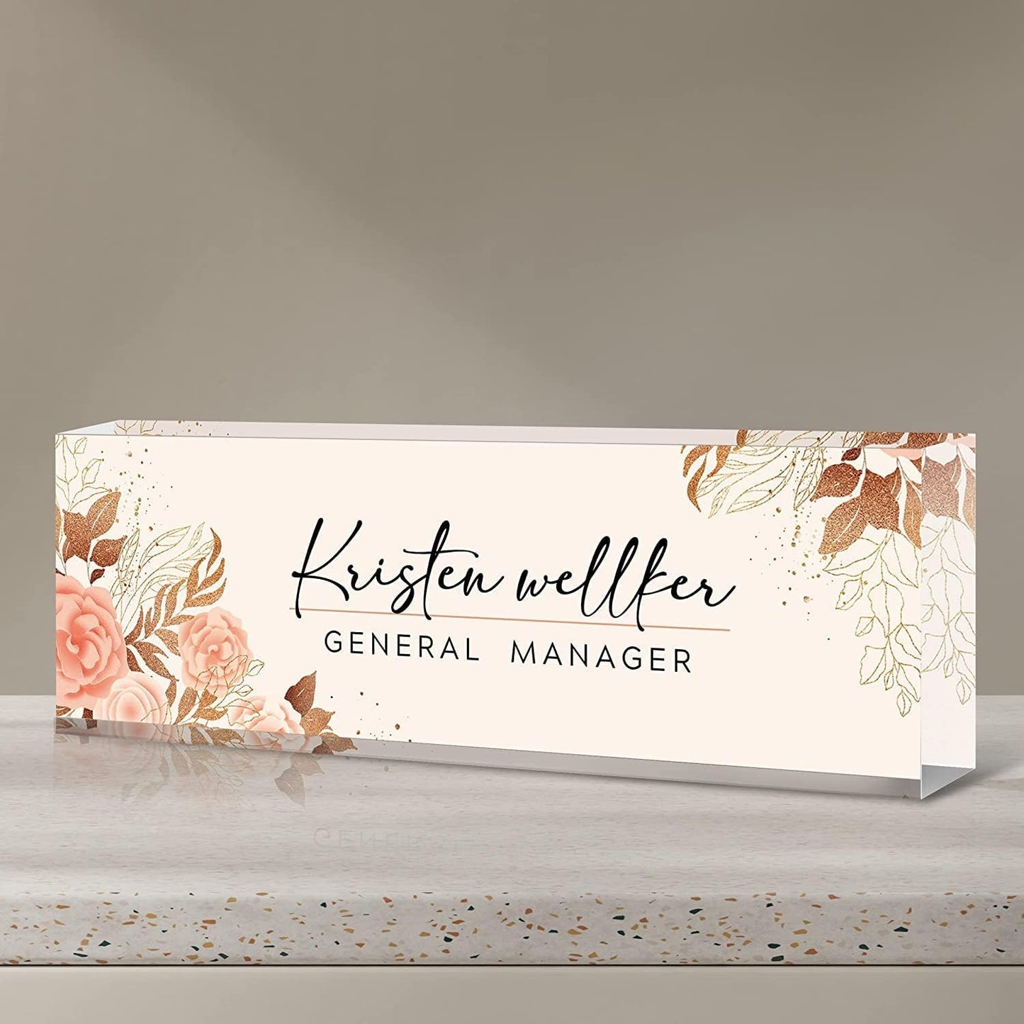 Desk Name Plate Personalized, Premium Pink Golden Hibiscus Flowers Acrylic Desk Name Plate, Personalized Name Plate for Desk, Office Decor for Women or Men Coworkers, Boss, Employee, Teacher