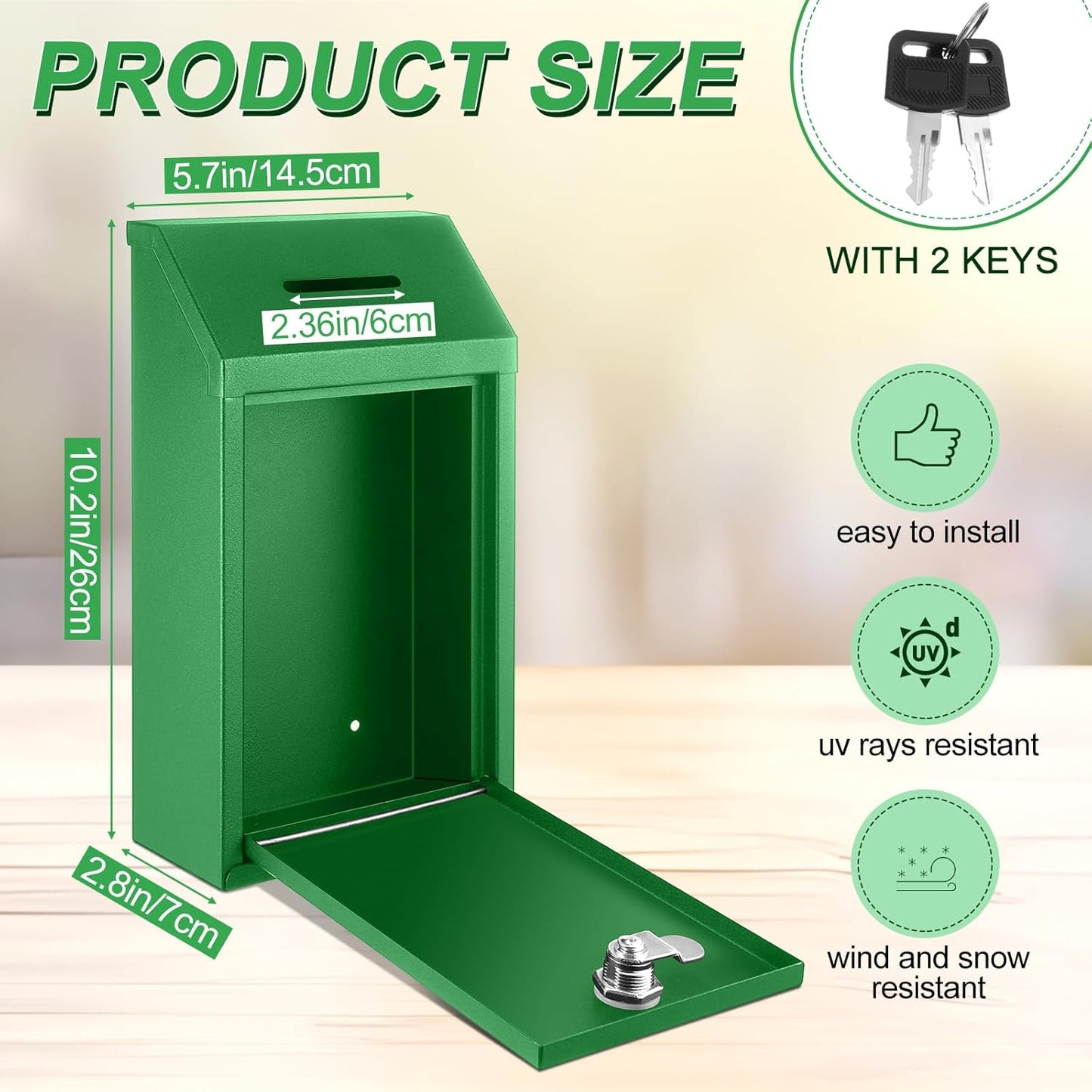 2 Pack Metal Suggestion Boxes with Lock Keys Ballot Donation Boxes with Slot for Fundraising Wall Mounted Mailbox Delivery Container for Home Office Outdoor Door, 10.2x5.7x2.95in(Red, Green)