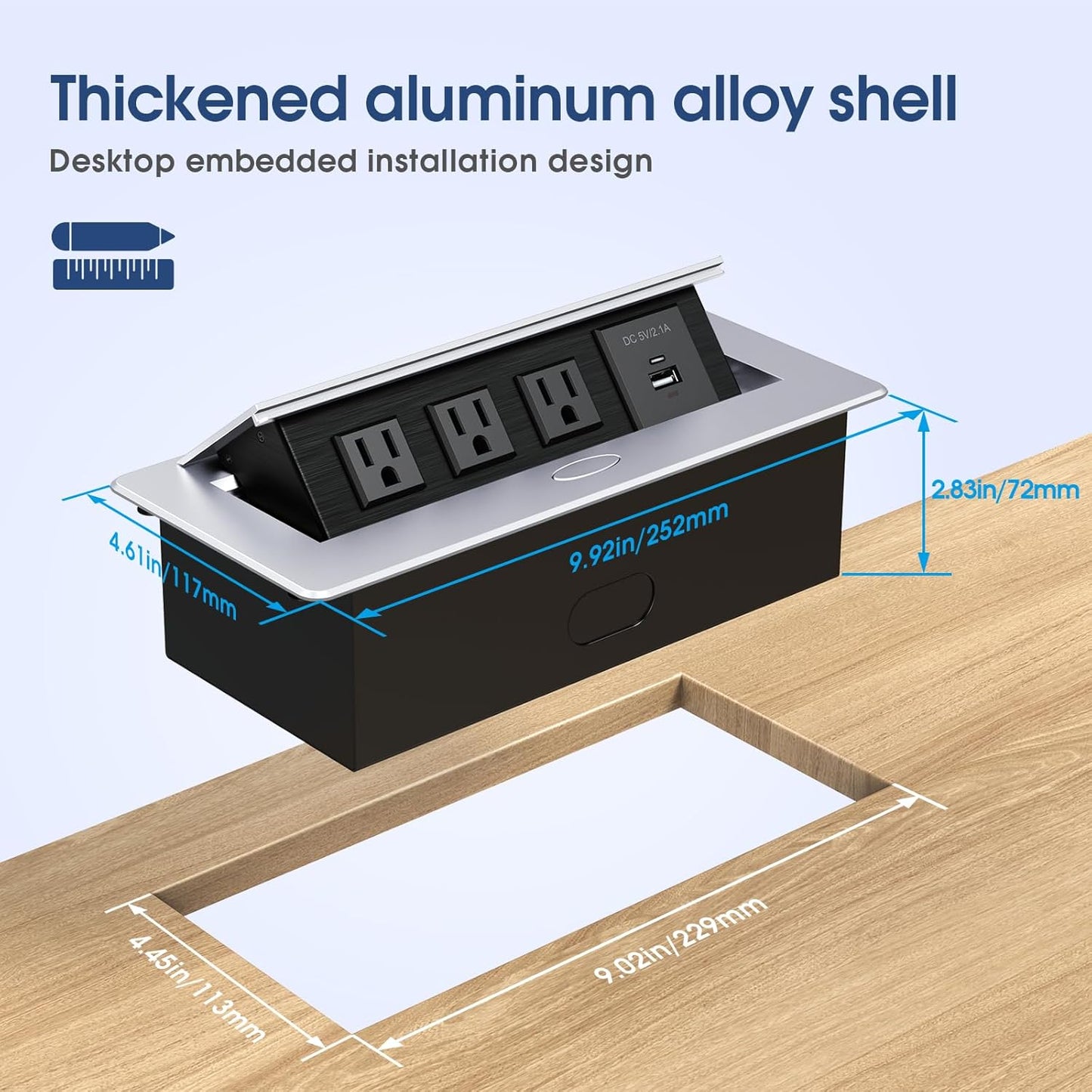 KYHSHJ Connection Box Desktop Pop Up Outlet with 3 * 15A Receptacle，2.1A 1 USB-A Ports &1 USB-C Port，Corrosive Resistant Hardware,Silver