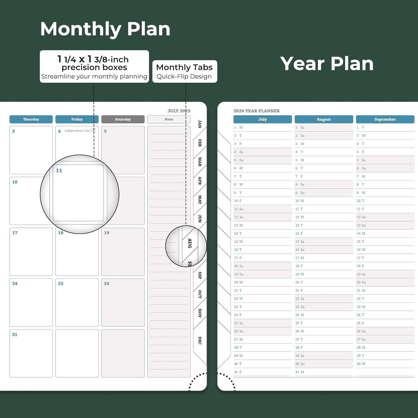 Planner 2025-2026 Daily Weekly and Monthly,8.5"x6.5",18 Months Spiral Bound Calendar Agenda with Self-adhesive Pen Holder,2026 Academic Plan with Vegan Leather Soft Cover,Green
