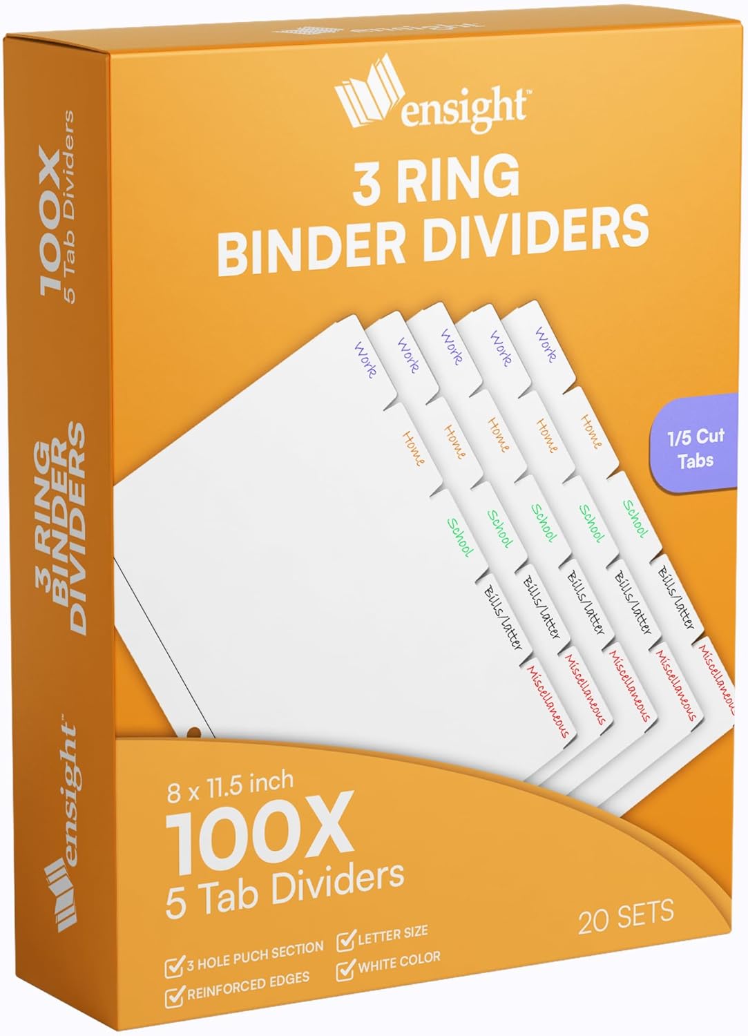 Ensight 3 Ring Page Dividers Bulk, 1/5 Cut Tab Dividers, 100 Per Box - Divider Pages with Tabs, Decorative Printable Rewritable Divider Tabs, Exhibit Tab Dividers for 3 Ring Binders Bulk