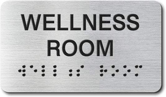 Wellness Room Signs with Raised Text & Grade 2 Braille, Brushed Aluminum/Silver Finish Easy Install with Double-Sided Tape, ADA Compliant Wellness Room Door Sign for Businesses & Offices