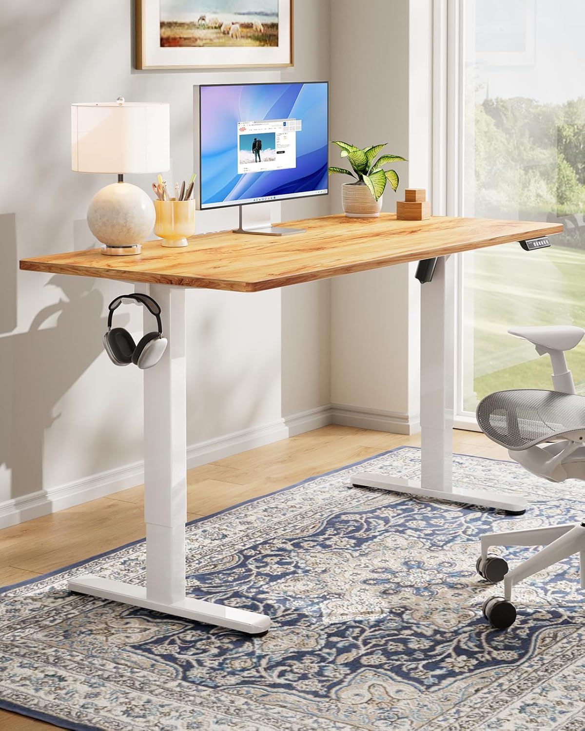 HUANUO Electric Standing Desk, 48" x 30" Whole Piece Desktop, Adjustable Height Computer Desk, 4 Height Memory Settings, Sit Stand Up Desks for Home Office, Light Vintage