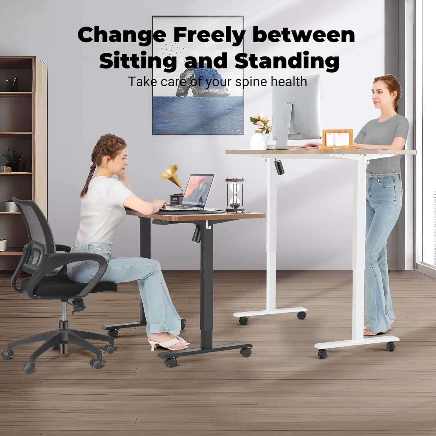 Electric Standing Desk 63 x 24 Inches Adjustable Height Ergonomic Sit Stand Up Desk Curved for Home Office Computer Workstation with 2 USB Ports 3 Power Outlets Memory Preset Wheels, Brown