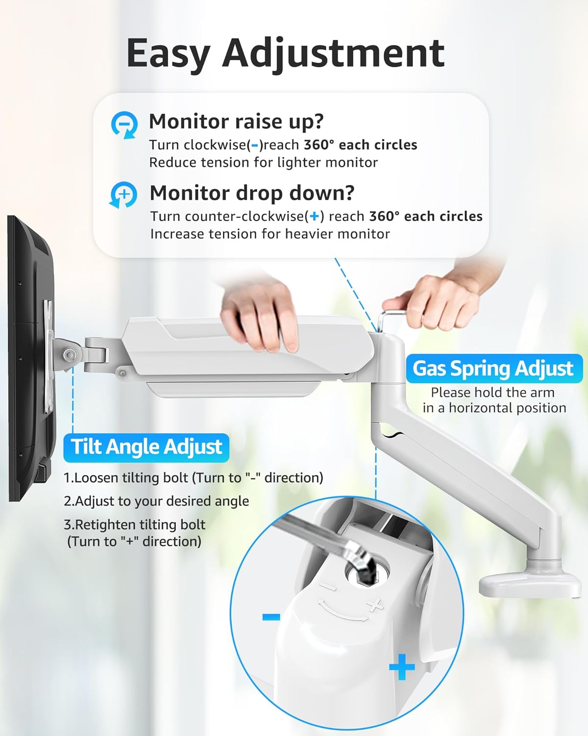 MOUNTUP Single Monitor Desk Mount, Adjustable Gas Spring Monitor Arm Support Max 32 Inch Screen, Computer Monitors Stand with Clamp/Grommet Mounting Base, VESA Mounts Fit 4.4-17.6lbs Computer, White