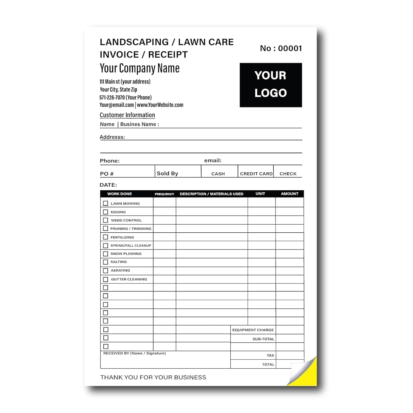 Lawn Care Invoice Form Custom Printed with Your Company Information - Personalized Landscaping Ticket - Invoice Receipt - Carbonless 2 PART NCR form