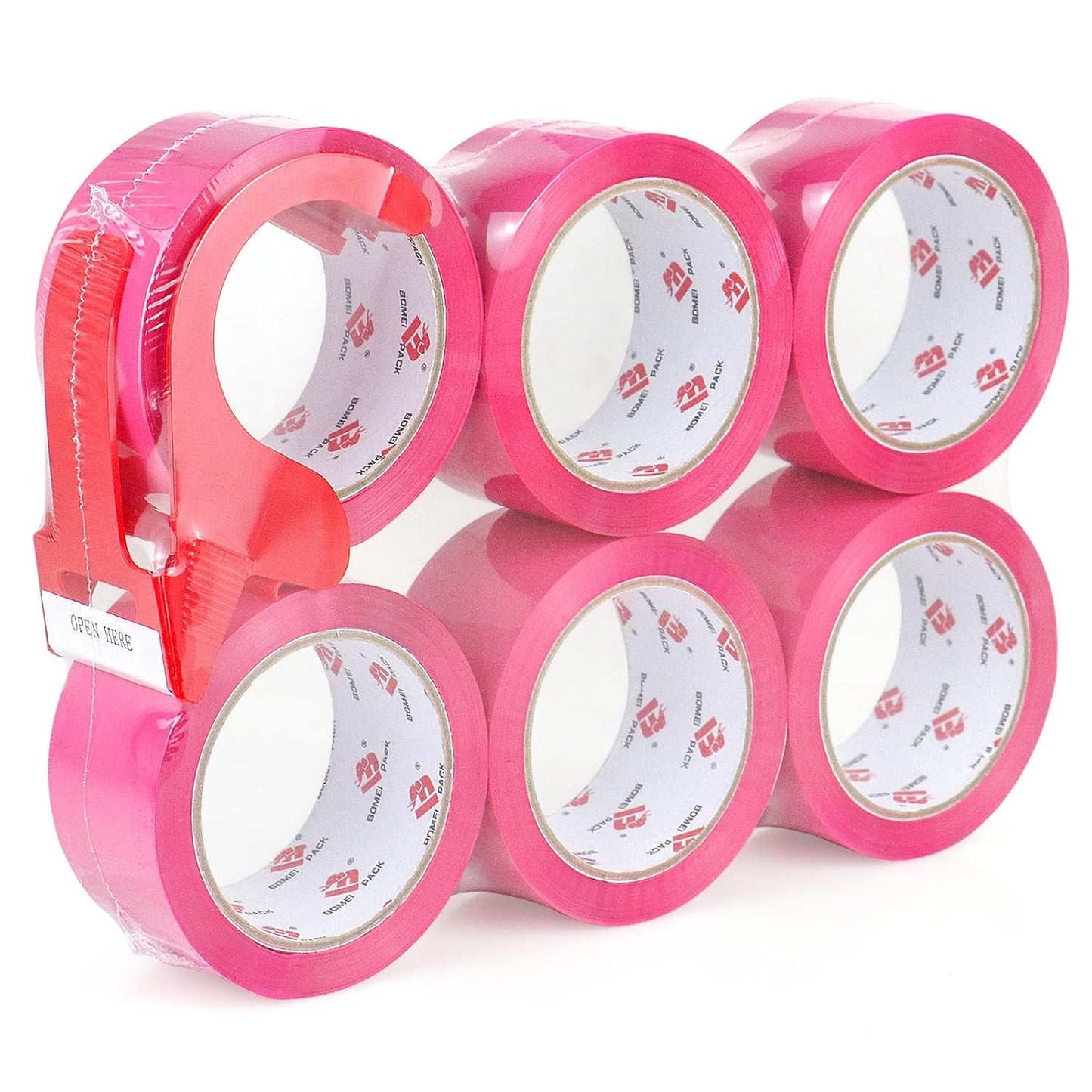 BOMEI PACK Heavy Duty 6 Rolls Colored Moving Tape with Dispenser 1.88 Inch x 60 Yard, Pink Packaging Tape 2.4 mil Packing Tape for Shipping, Moving, Mailing & Storage