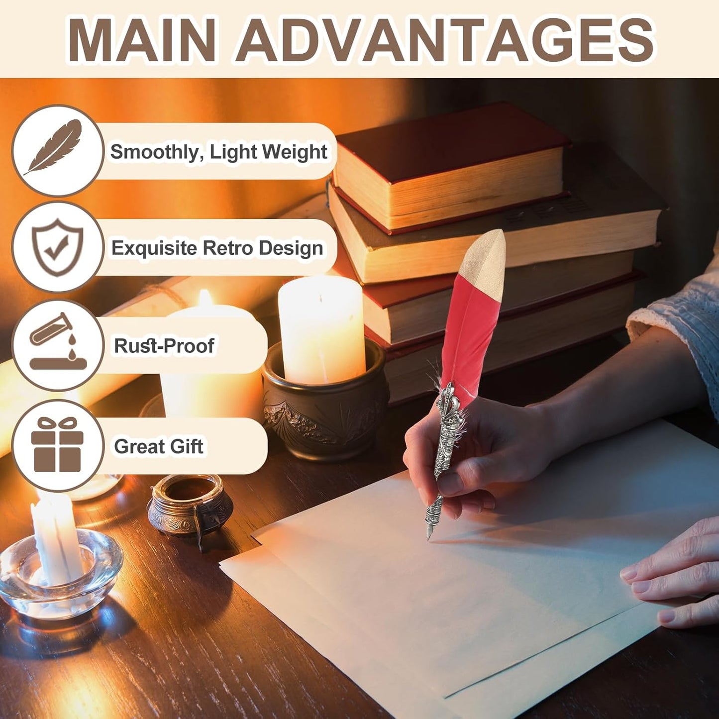 PATIKIL Feather Quill Pen Set, 1 Set Vintage Feather Calligraphy Pen Fountain Dip Pen Set with Ink, Pen Holder and Replacement Nibs for Beginner Writer Writing Gift, Red