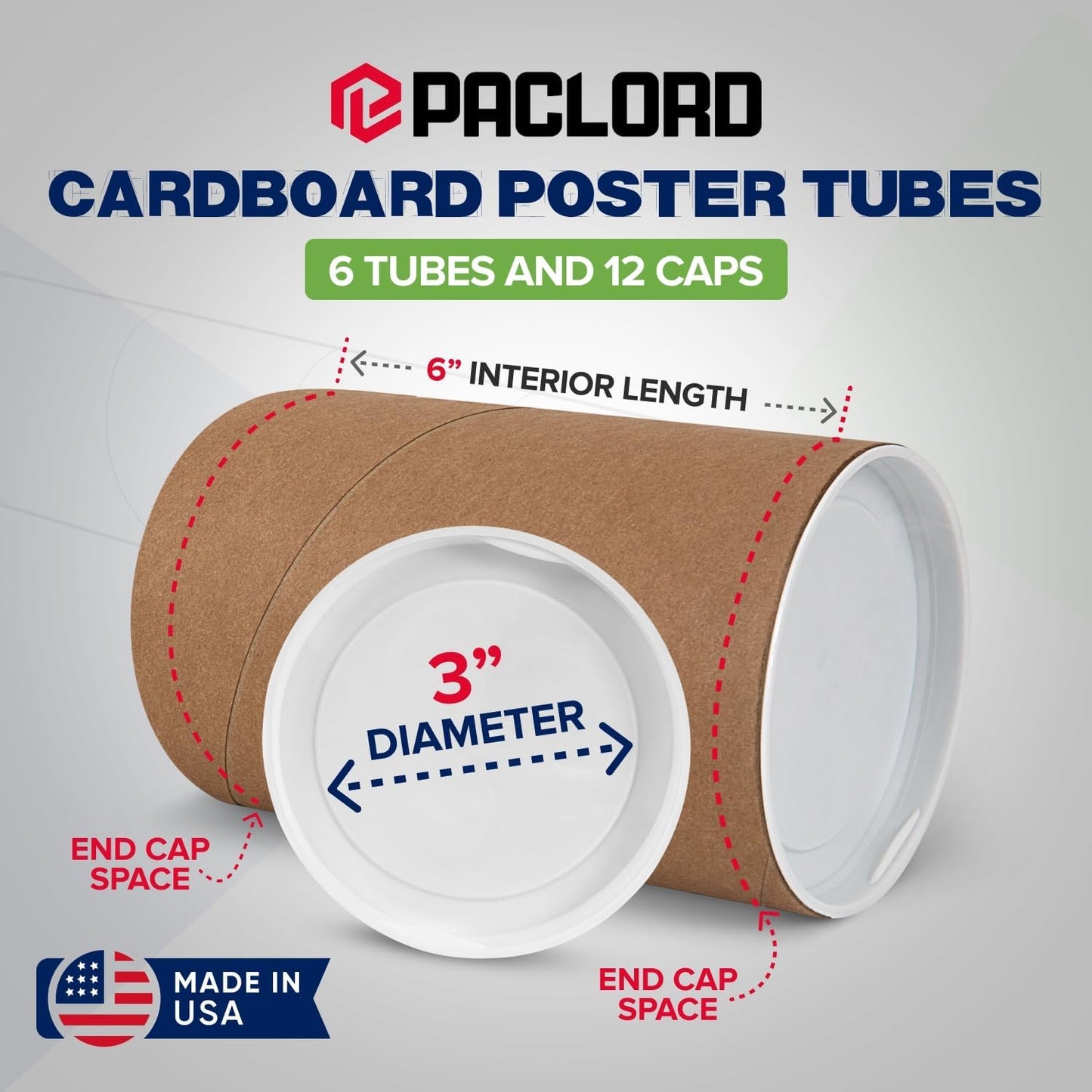 3" x 6" Reinforced Kraft Paper Mailing Tubes, Pack of 6 Tubes with 2 Caps Each – USPS Approved Poster Tube – Made in USA Cardboard Tube for Shipping and Storing Posters, Prints, Artwork, or Documents