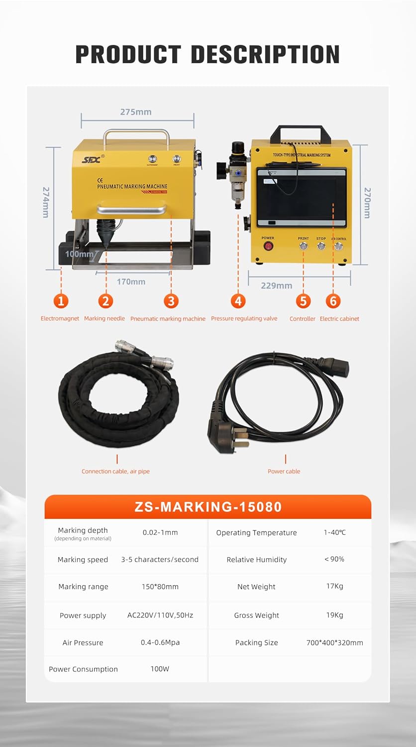 LYXC Pneumatic Dot Peen Marking Machine for Metal Engraving Machine Marking Range 150×80mm Digital Control Pneumatic Dot Peen Marking Machine for Characters, Serial Numbers, Date and Graphics, etc