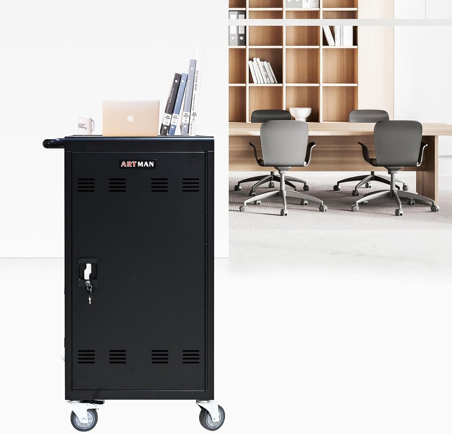 45-Device Mobile Charging Cart with Charging Power Strip and Front and Rear Access Locks, Cable Management, Up to 17"", Safe Charging Cabinet for Ipads, Chromebooks, Tablets, Laptops Black