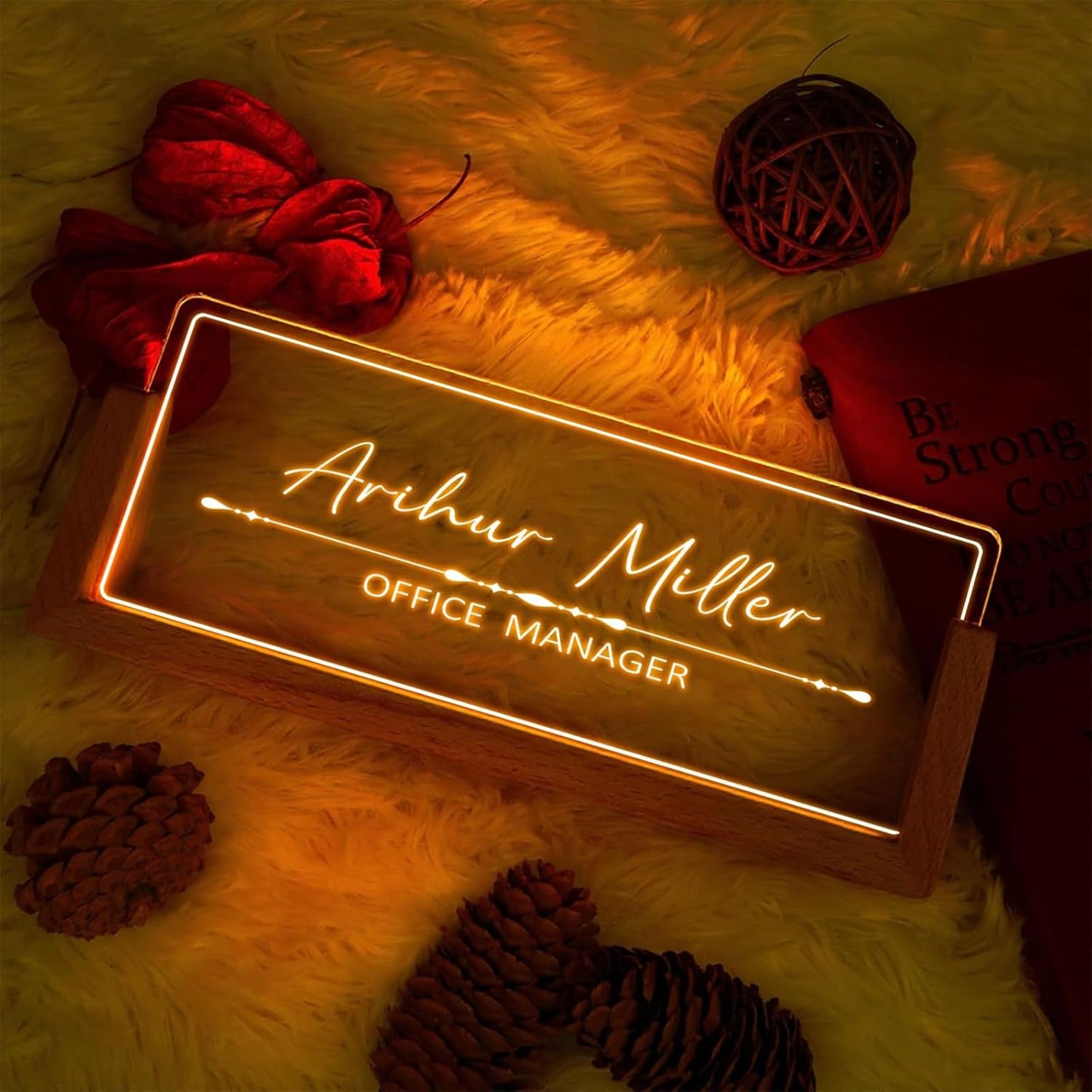 Custom Name Plate for Desk with Light Up Acrylic & Wooden Base - Personalized Office Sign for Teacher, Boss, Coworker - Employee Appreciation Gift for Educators Professionals