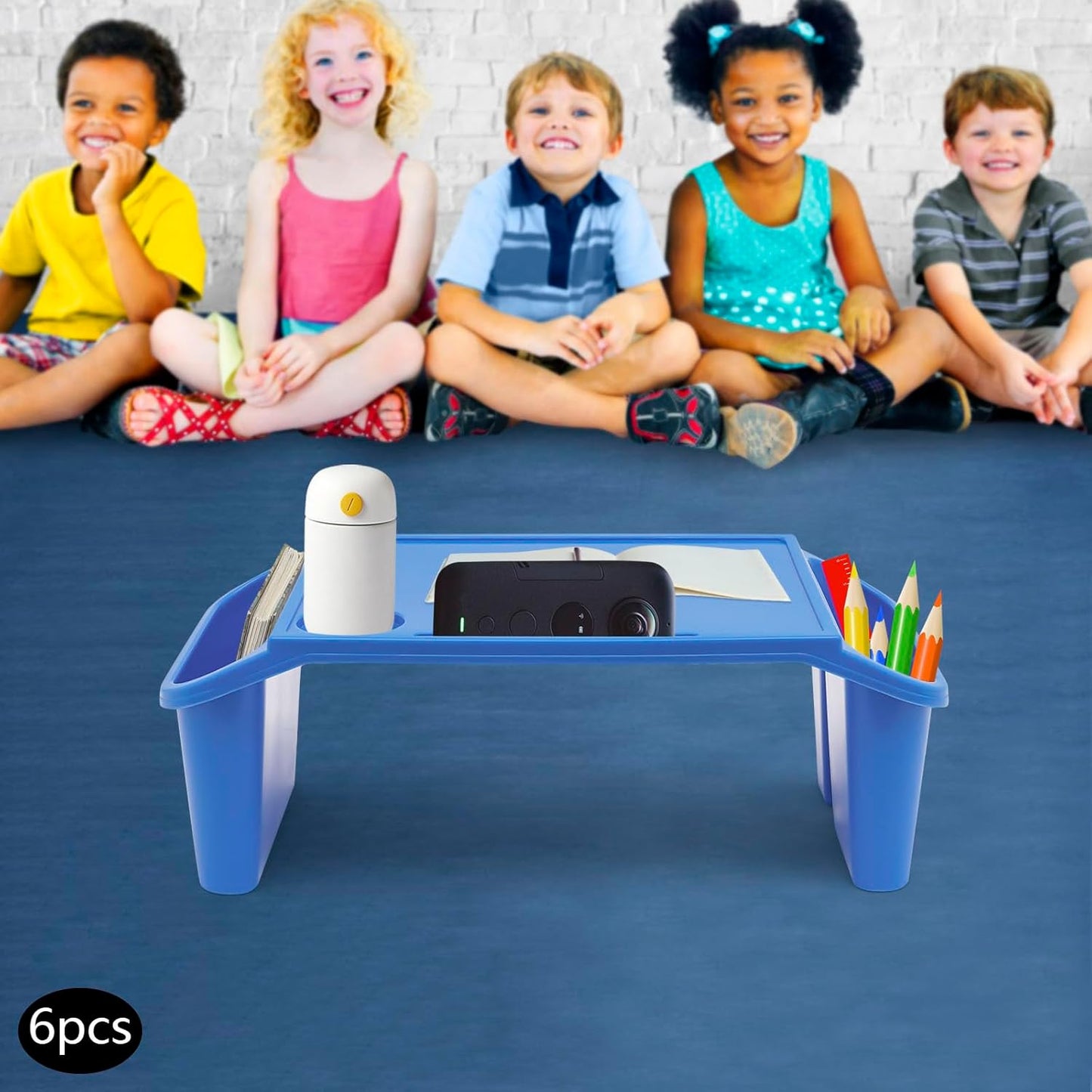 6 Pack Kids Lap Desk Tray with Storage Slots, Portable Lap Desk, Activity Tray, Drawing, Stackable, Writing, Eating, Classroom, 19.69" L x 9.84" W x 7.1" H (Blue)