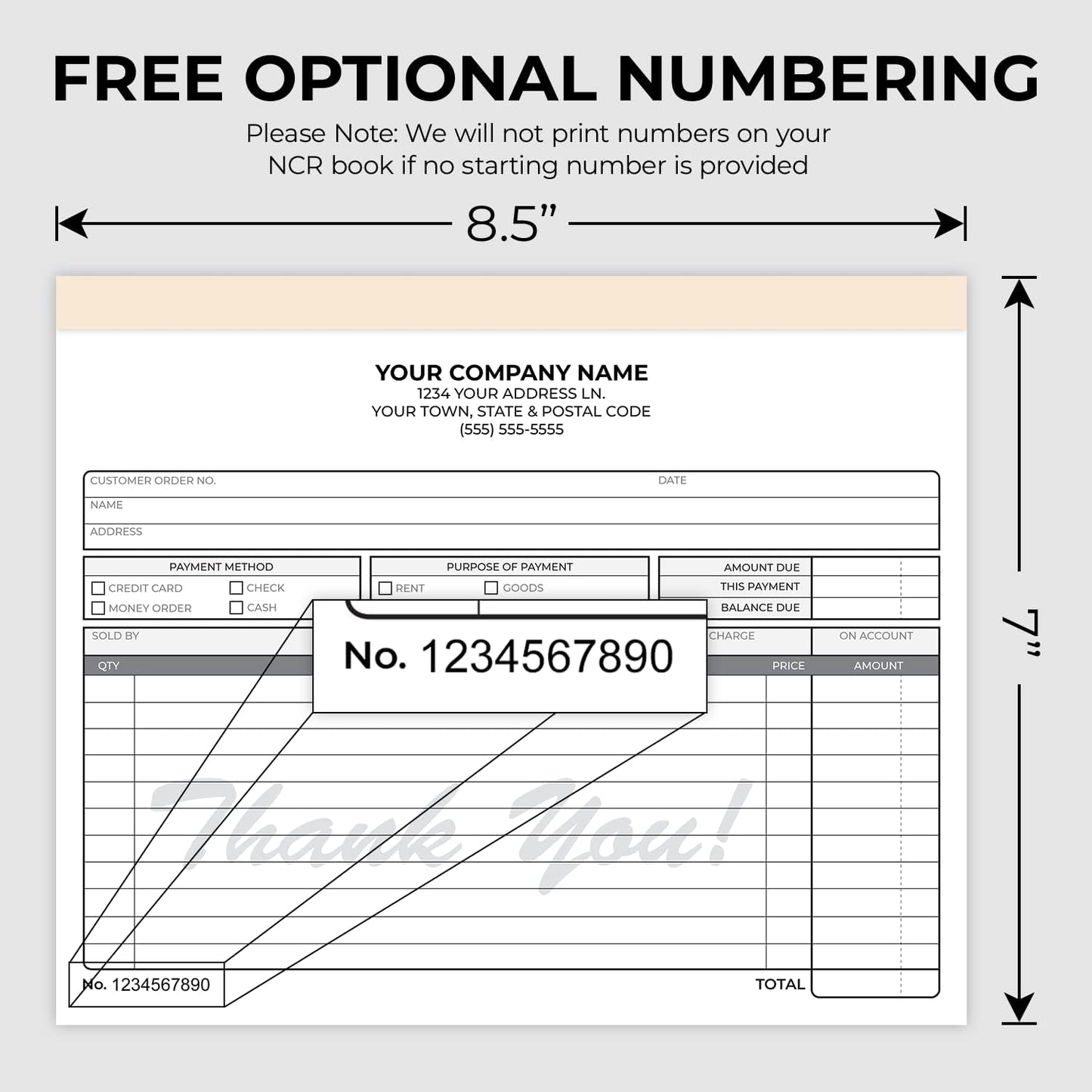 Custom 8.5" x 7" Carbonless NCR Books in 3-Part Triplicate Invoices, Receipts, Work Orders, Sales Orders, Purchase Orders, Estimates, Quote Forms with Your Company/Business Name (66 Sets)