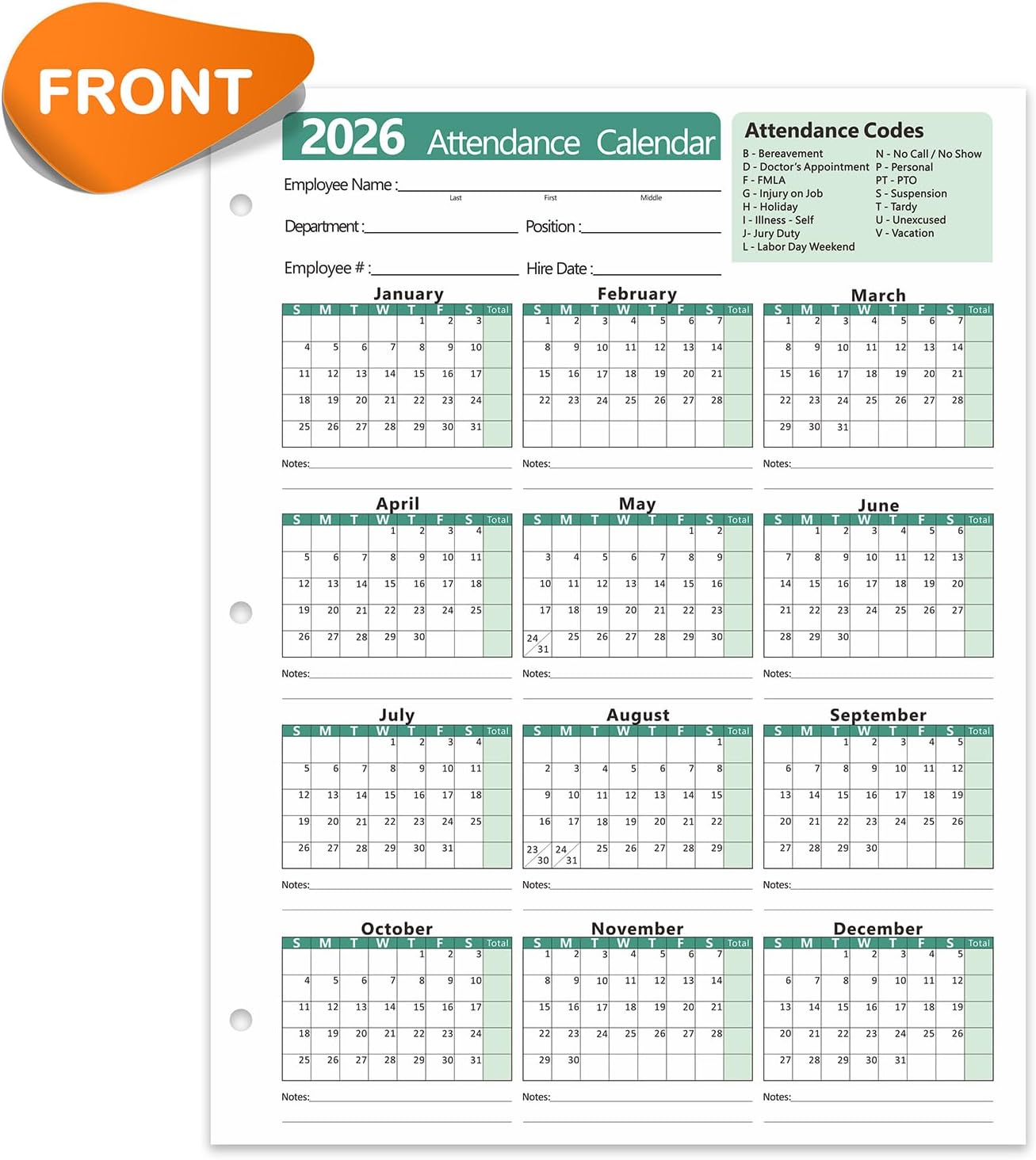 2026 Attendance Calendar - Record Employee Work Tracker Attendance Cards - Each Sheet 8.5 X 11 100lb CardStock Paper Make (25 Sheets -Green)