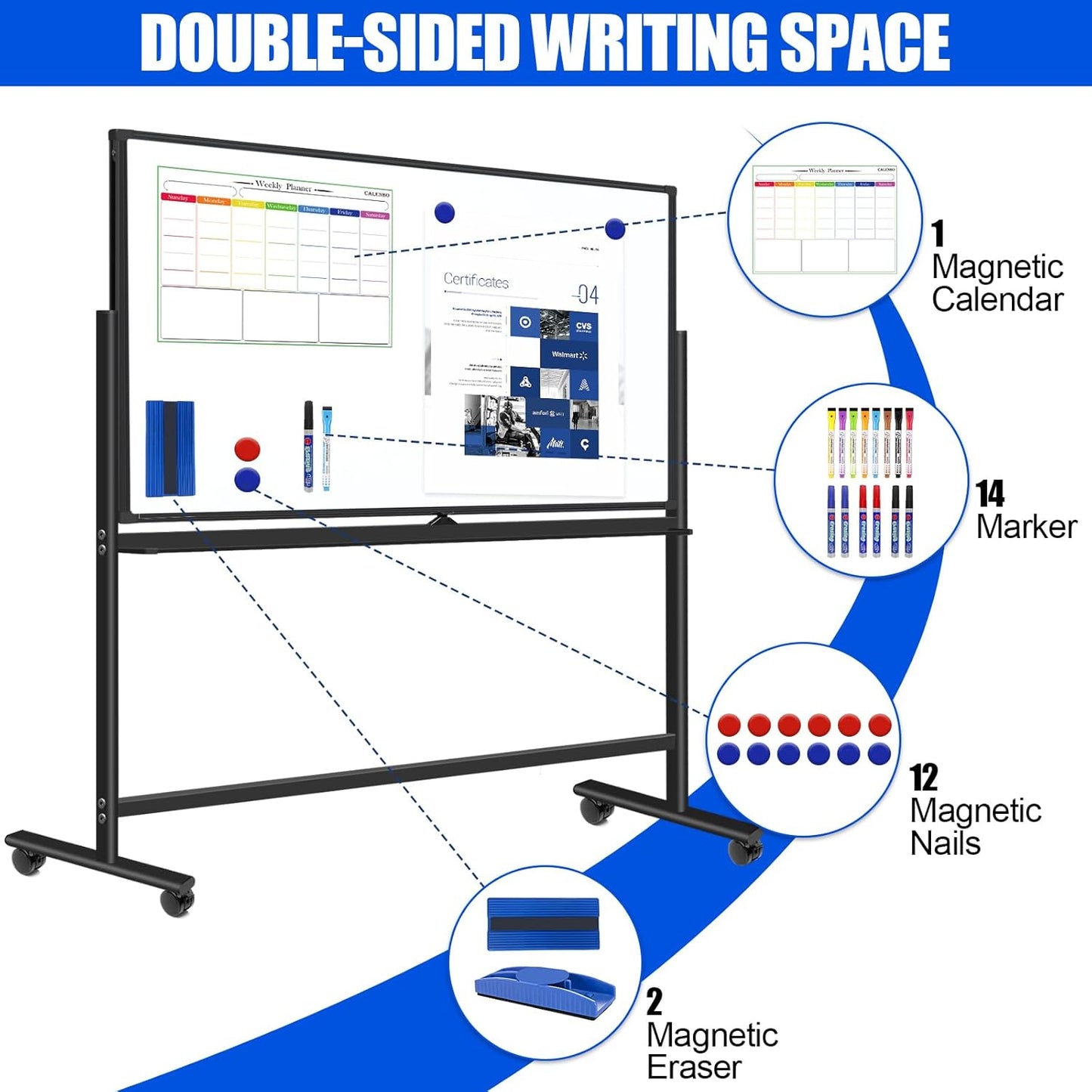 Magnetic Mobile Whiteboard 72 X 48 Rolling White Boards on Wheels, Large Double-Sided 6' x 4' Dry Erase Board with Stand, Standing White Board with Eraser & Marker & Magnet & Magnetic Calendar