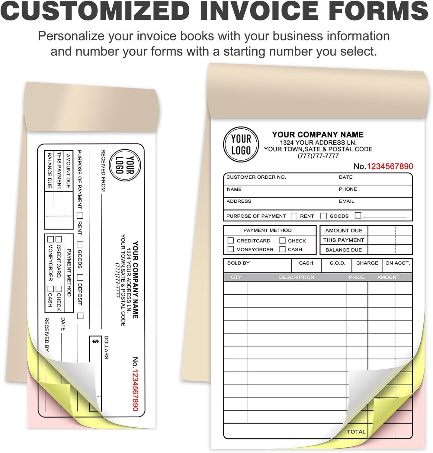 Custom Invoice Receipt Book for Small Business 8.5x7" Personalized 3-Part Contractor Duplicate Carbonless Sales Forms with Company Name Address Phone Number 150 Sets