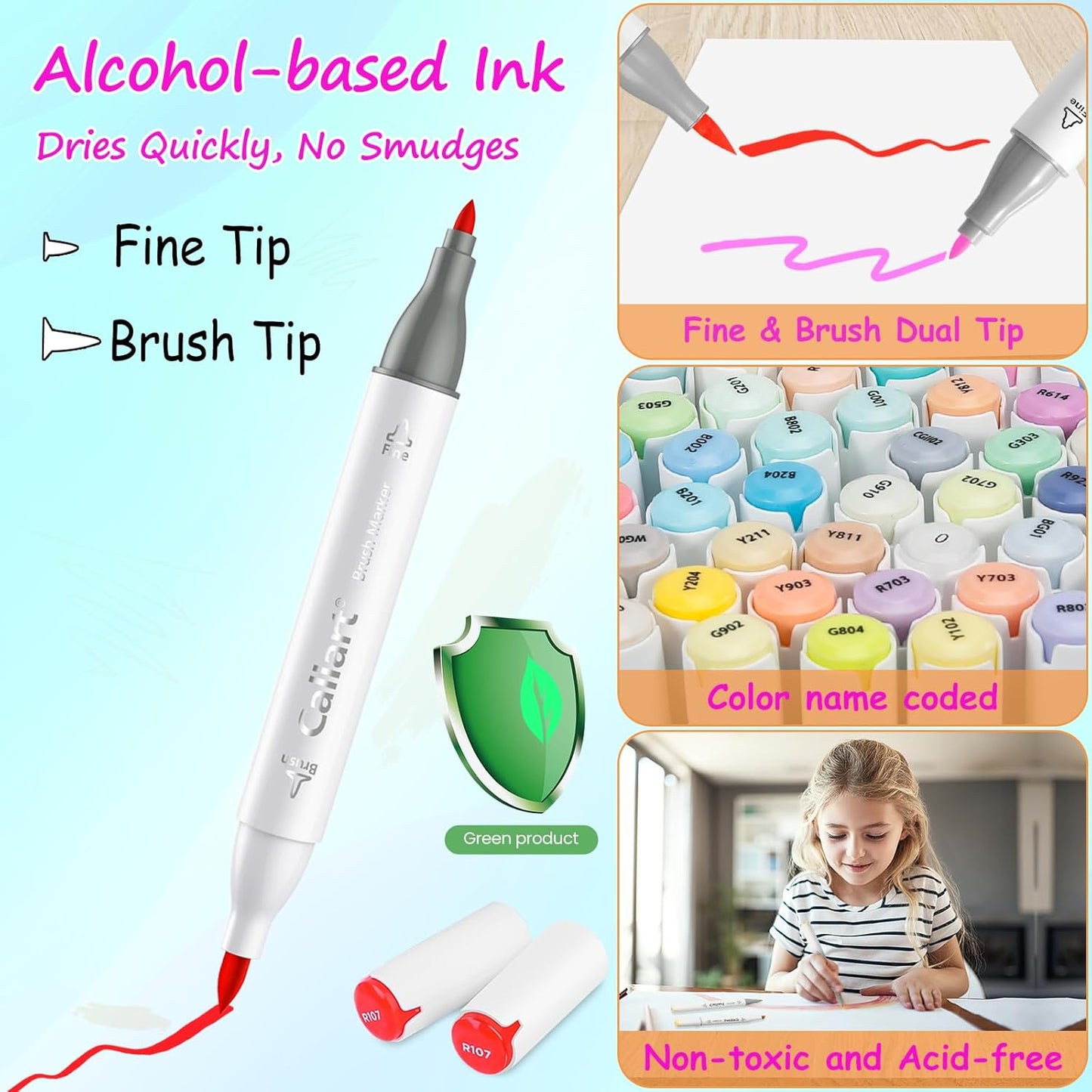 Caliart Alcohol Markers Brush Tip, 121 Colors Dual Tip Coloring Marker Pen Set Brush & Fine, Art Supplies Kit Gift for Adults Coloring Book Artists Sketch Drawing Illustration