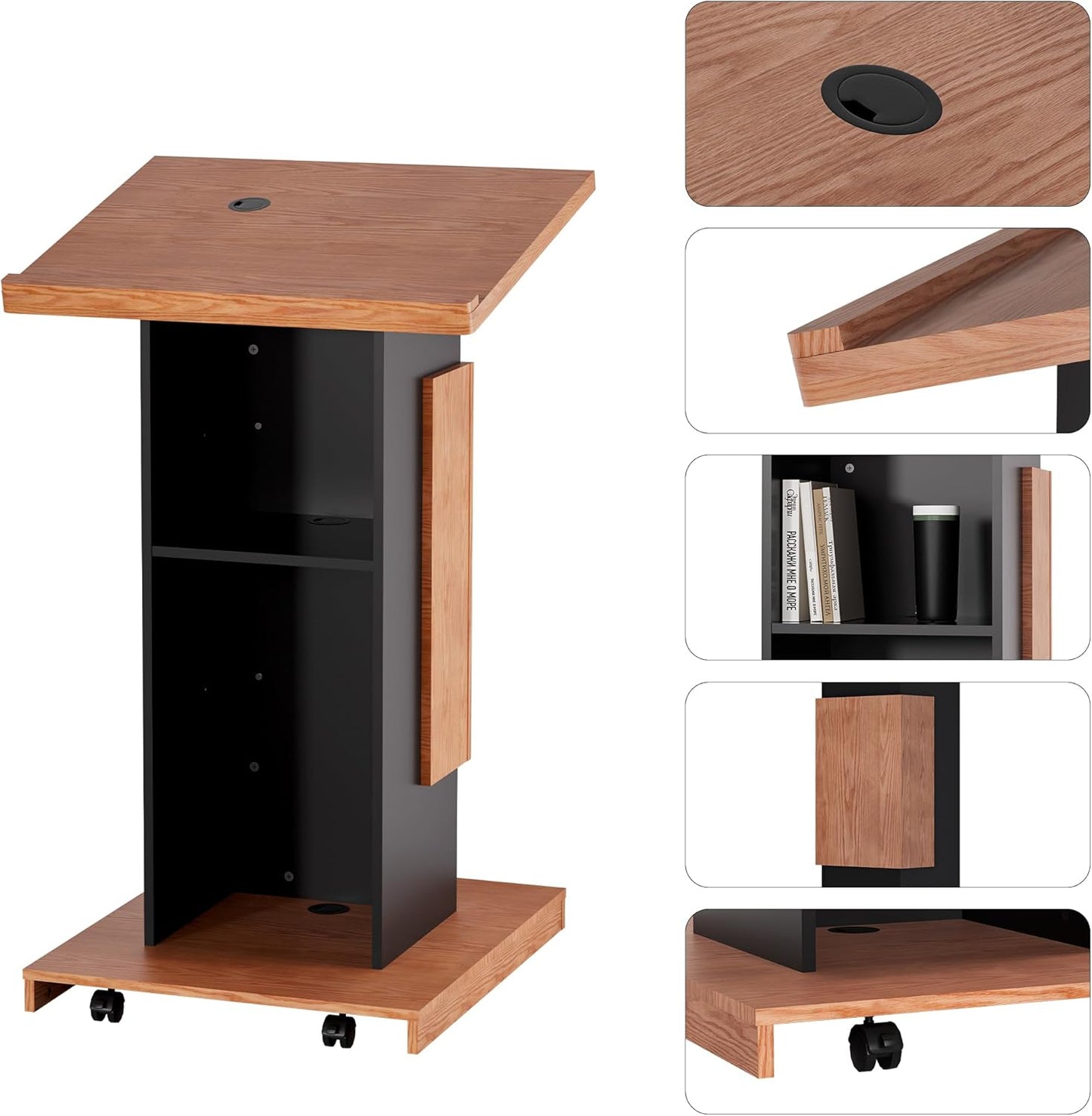 Podium Stand with Lockable Wheels,Wood Lectern,15MM Particle Board,Church Pulpit with Storage, Mic Stand Space,Wooden Podium for Restaurants,Churches,Seminars and Schools (Original)