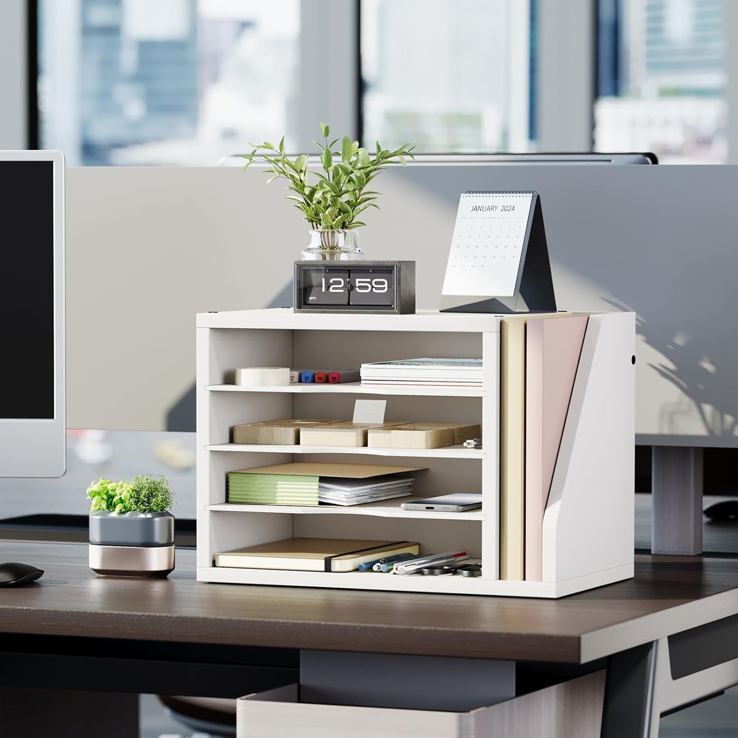 File Organizer Desktop, Wood Desk Organizer with 3 Adjustable Shelves, Mail Paper Sorter for Office, Home, File Holders for Envelopes, Mail Supplies or Magazines, White