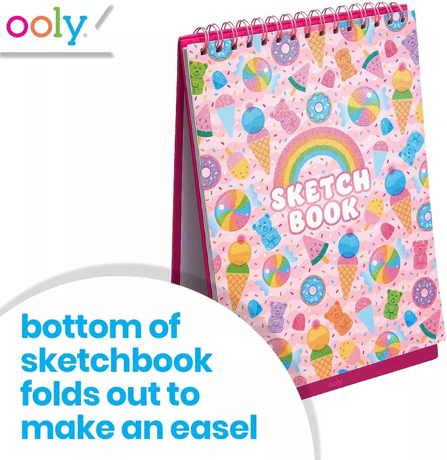 OOLY Sketch and Show Standing Sketchbook with 45 Large 10.5 x 8 Perforated Pages, 120 GSM/ 32lb Perfect for Markers, Colored Pencils and More, Back to School Supplies - Sugar Joy