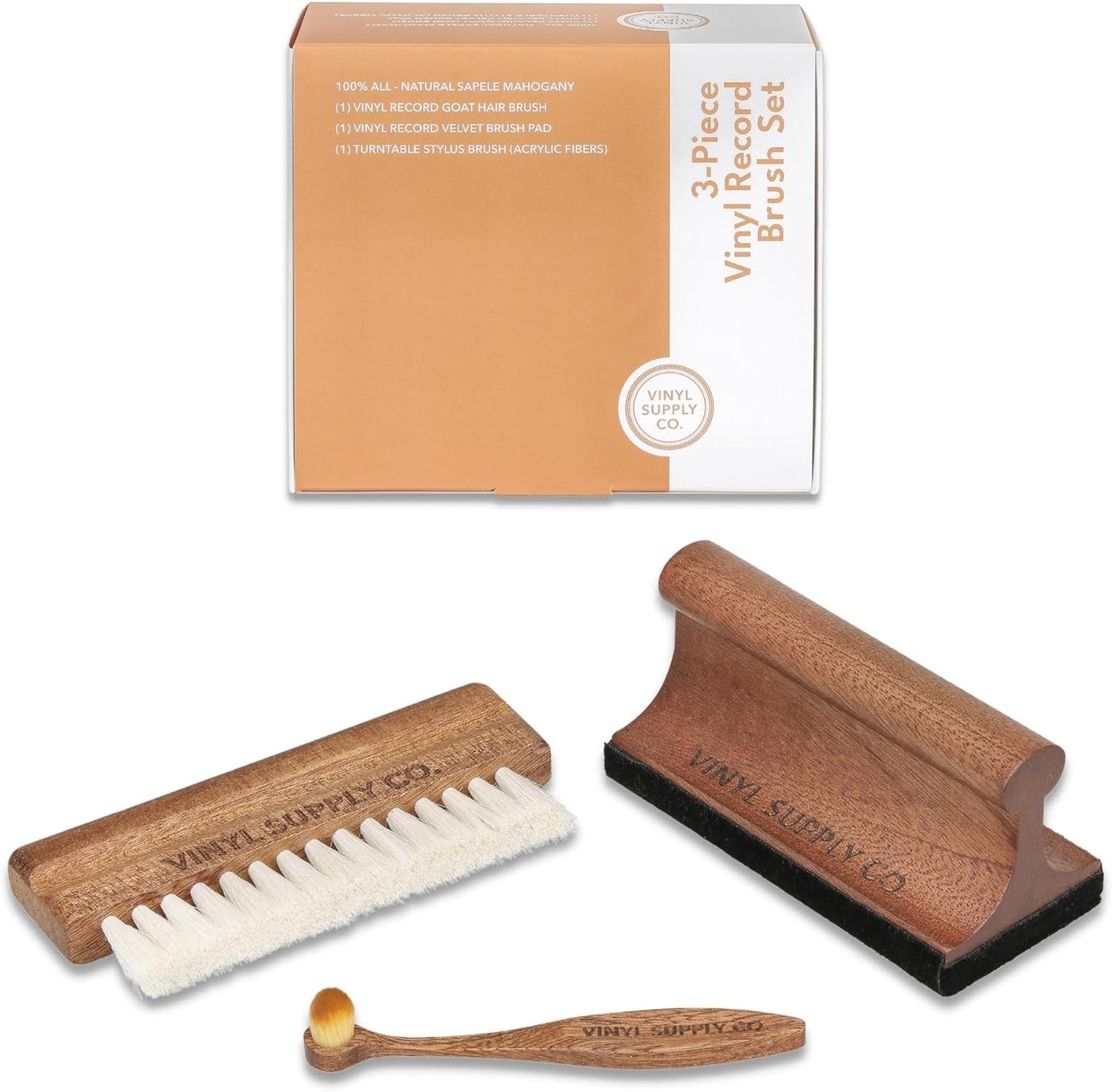 3-in-1 Ultimate Vinyl Record Cleaning Kit 100% All-Natural Sapele Mahogany Wood Vinyl Cleaning Kit - Goat Hair Vinyl Record Brush, Velvet Brush Pad, & Stylus Brush Cleaner