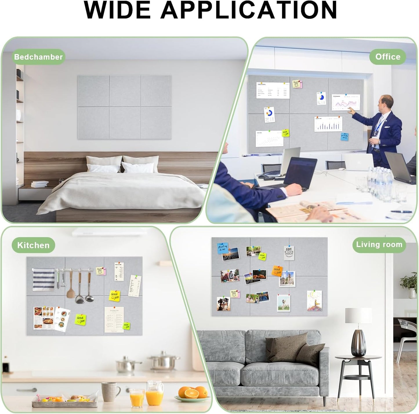 Large Cork Board for Wall 6 Pack, Bulletin Board 36" X 24", Felt Board Wall Tiles with 72 Damage-Free Removable Pads & Push Pins, Alternative Pin Board Cork Board for Office Home, Light Grey