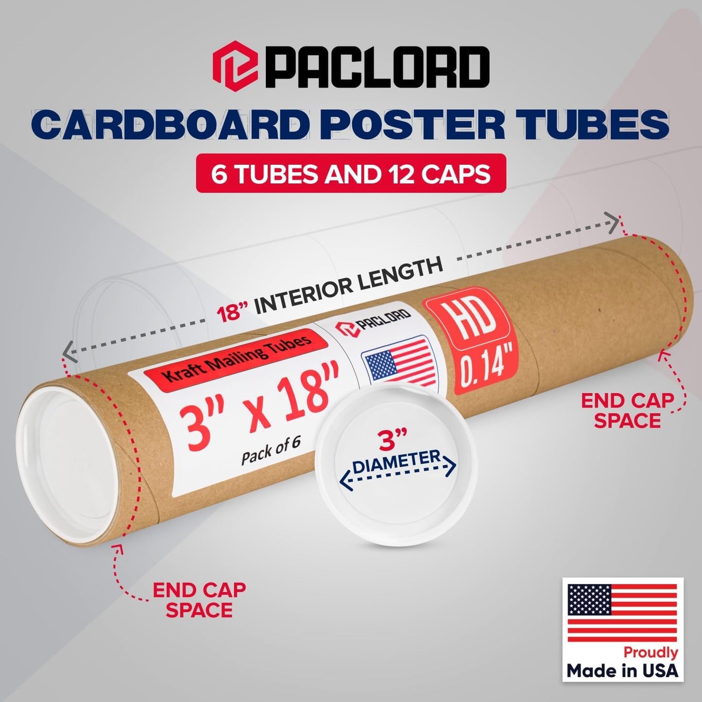 3" x 18" Heavy-Duty Reinforced Cardboard Mailing Tube, Pack of 6 Tubes with 12 Caps – Secure USPS Approved – Great for Shipping and Storing of Prints, Artwork, Posters or Documents