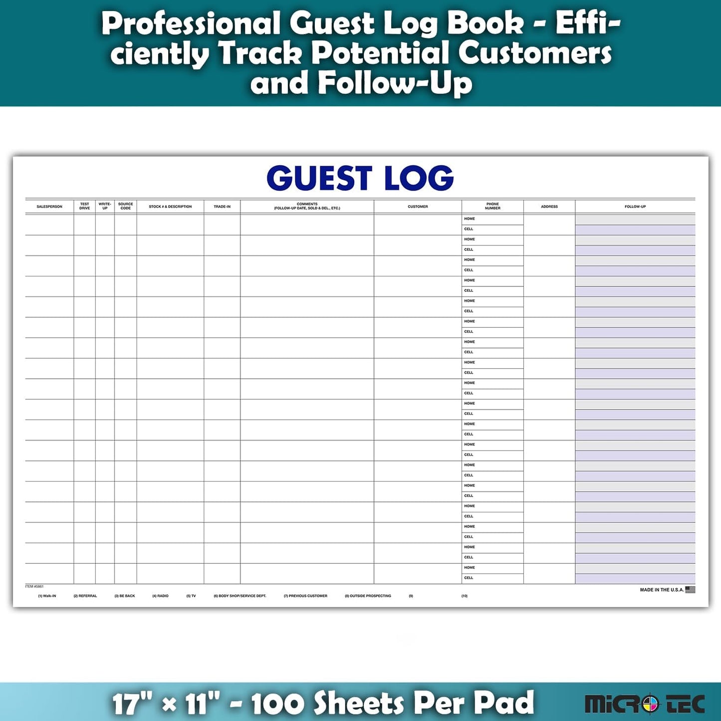 Professional Guest Log Book - Efficiently Track Potential Customers and Follow-Up - Ideal for Automotive Dealerships, Repair Shops, and Service Centers - 17" × 11" - 100 Sheets Per Pad - Pack of 3