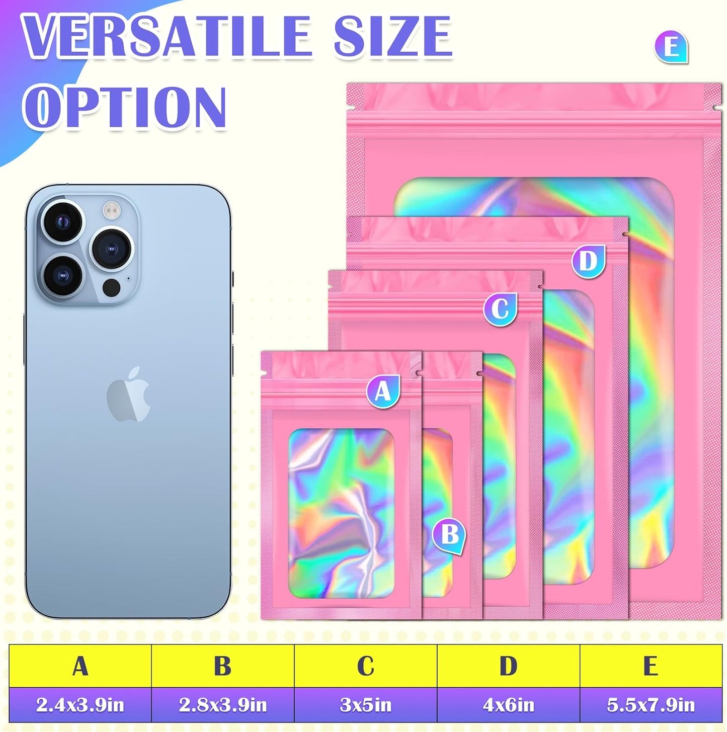 100 PCS Mylar Bags, Pink Holographic Bags, Smell Proof Bag, Sealable Bag for Packaging, Foil Pouch Bag for Food Storage, Bracelets, Jewelry（2.8x3.9in）