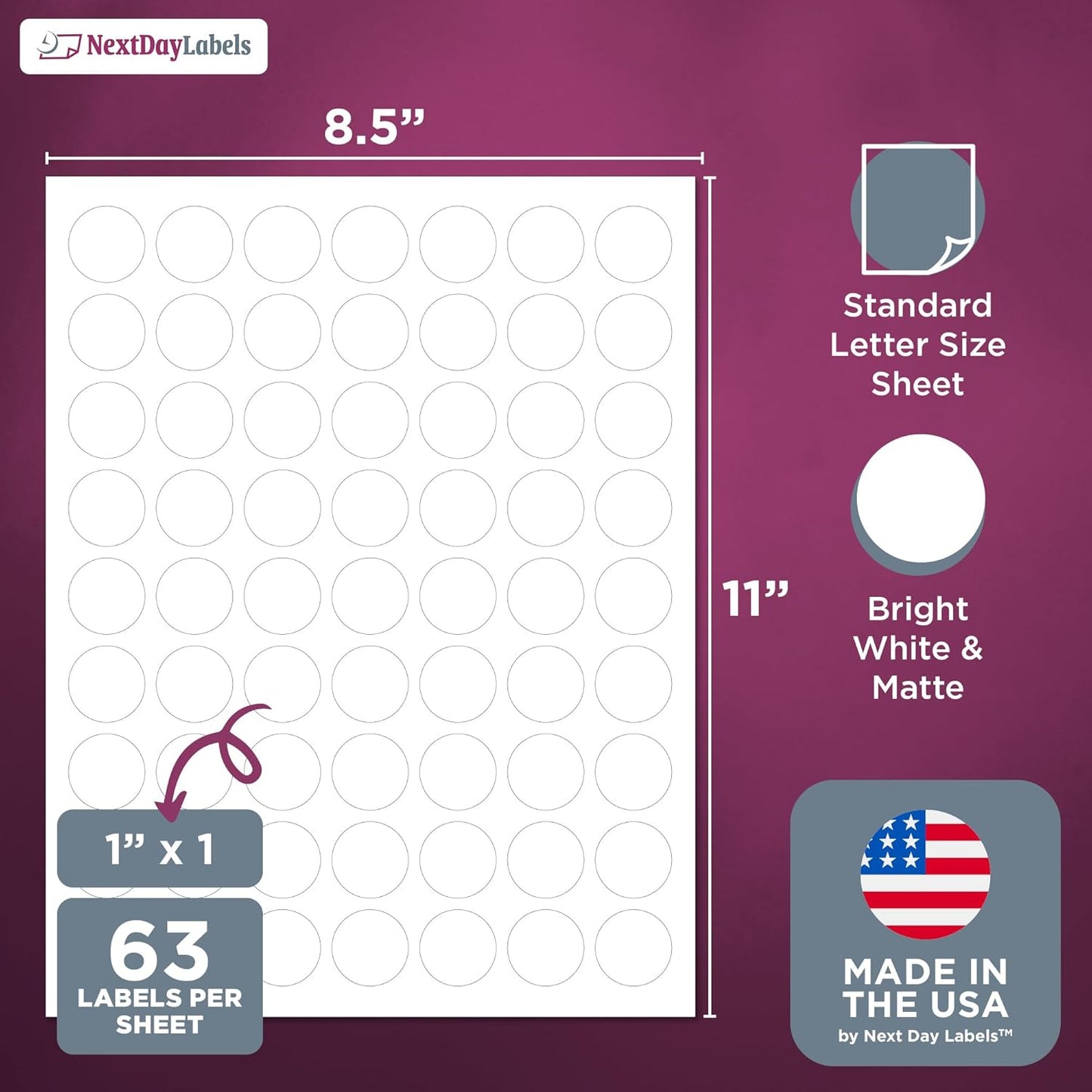 NextDayLabels - 1 Inch Round Labels - Round Sticker Labels for Printer - Matte White Blank Laser/Inkjet Printer Labels - Circle Stickers Printable Labels (500 Sheets, 63 Per Sheet, 31500 Labels)