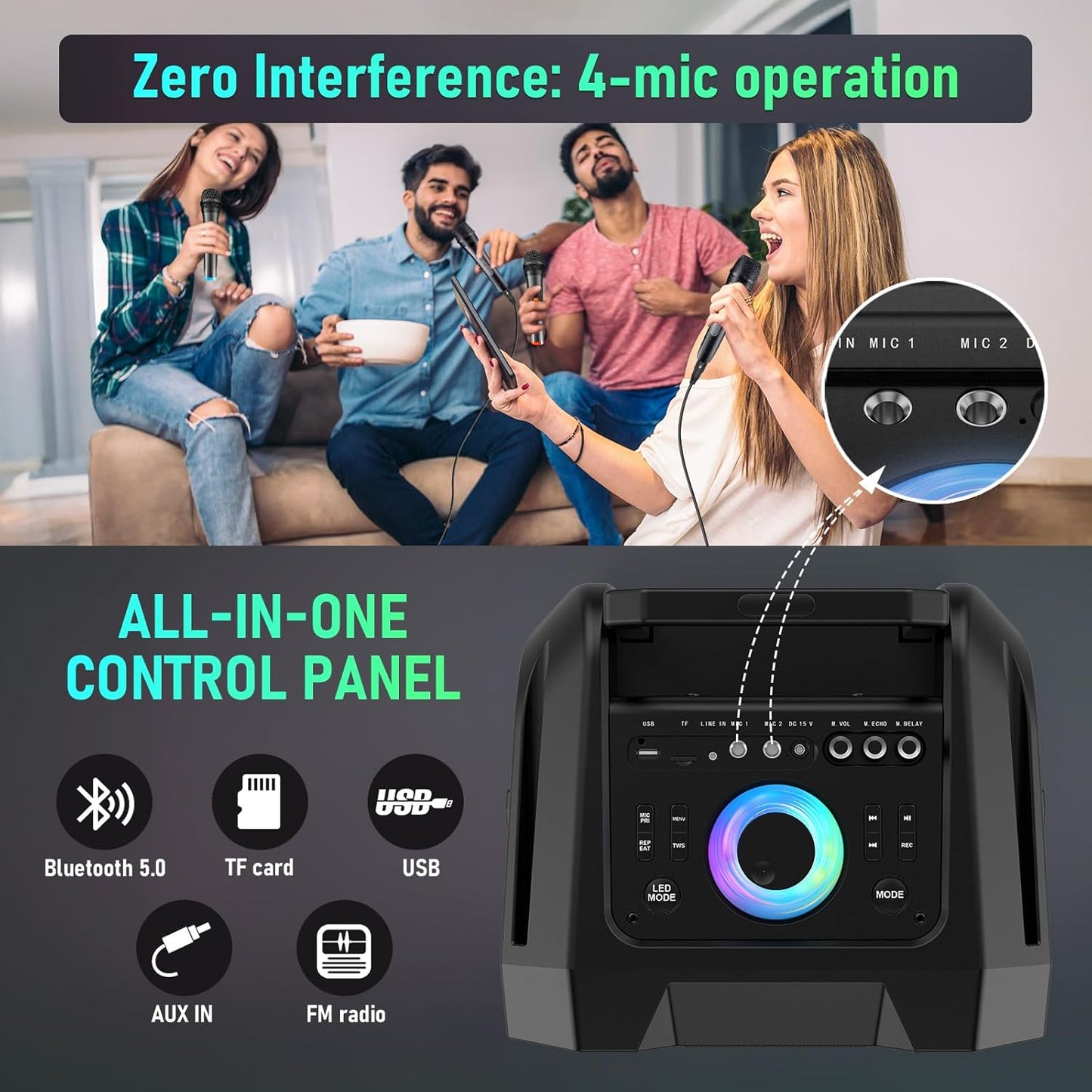 Portable Karaoke Machine for Adults, 12" Big Bluetooth Party Speaker with 2 Wireless Mics for Adults & Kids, 300W Peak Power,Karaoke Microphone with PA System Supports USB/TF/REC/FM/AUX