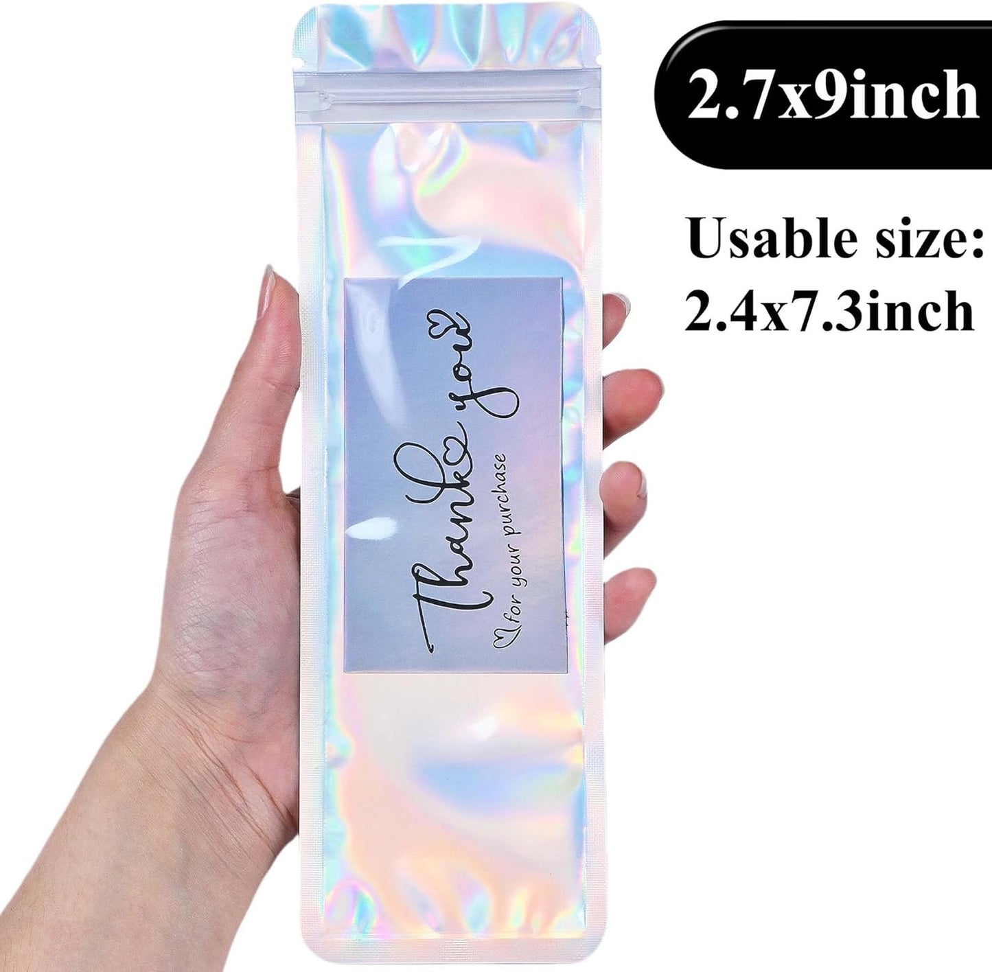 Resealable Mylar Pouch Pen Bags Great for Office Home Party Favor Food Storage Cookies Sample Jewelry Snack (100PCS, Holographic Color, 2.7 x 9 inch)