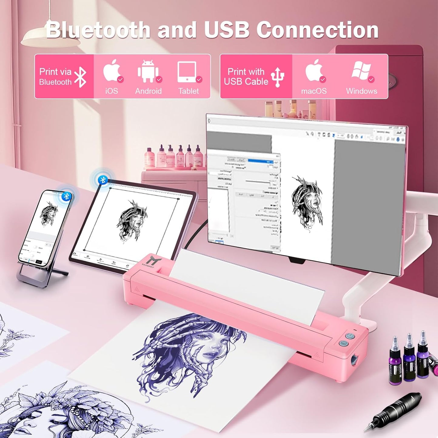 P19 Wireless Tattoo Stencil Printer Bluetooth Thermal Temporary Tattoo Transfer Printer Machine Kit for Tattoo Artists & Beginners
